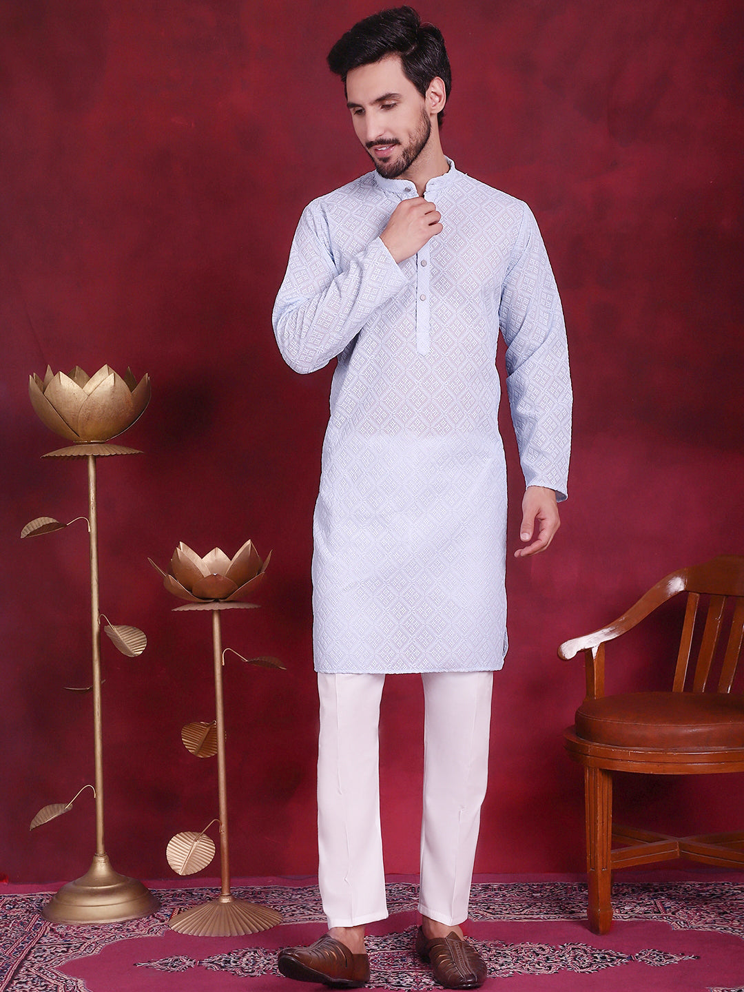 Men's Chikankari Embroidered Kurta with Pyjama - Taantav