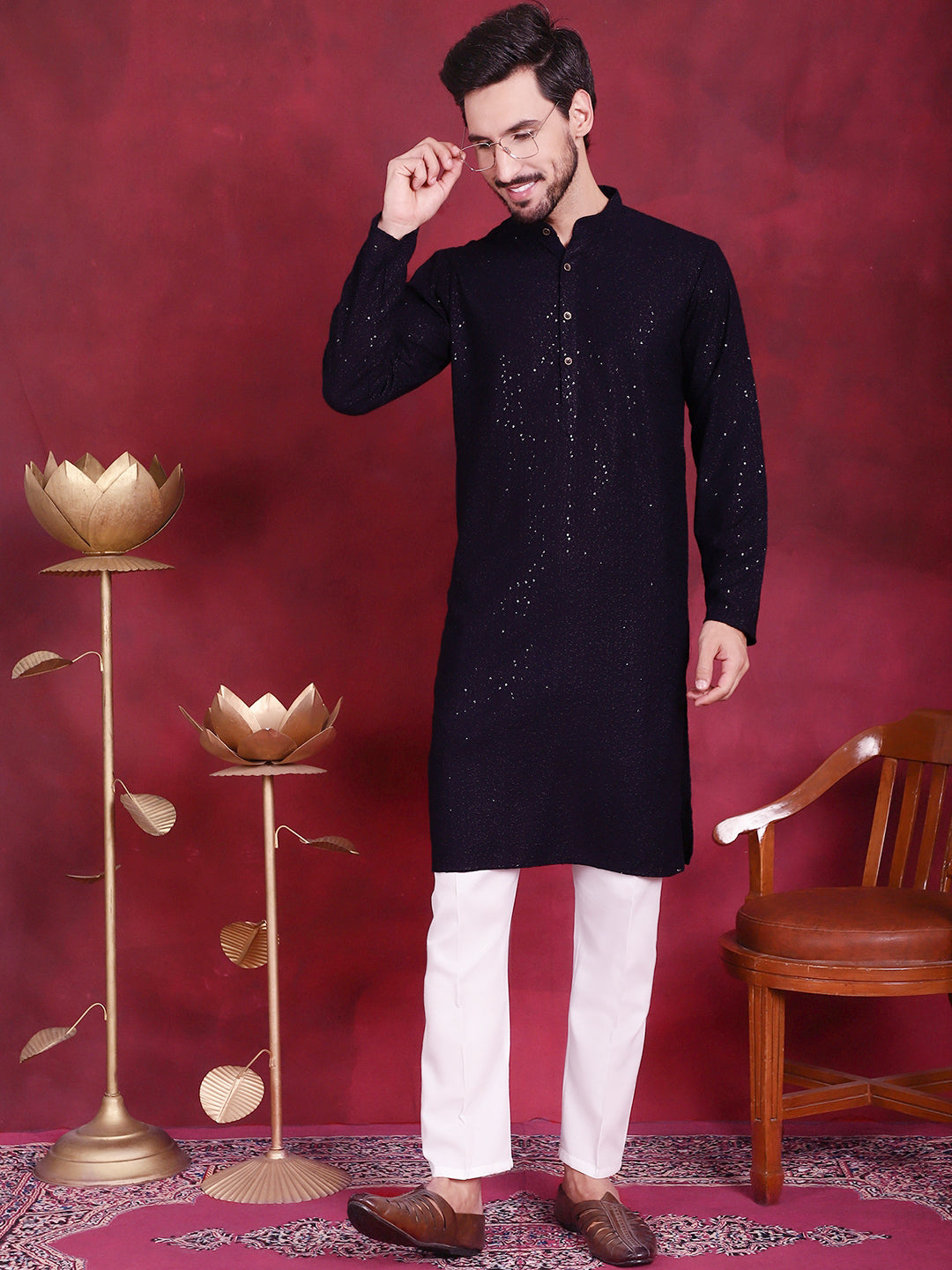 Men's Sequins Chikankari Kurta with Pyjama - Taantav