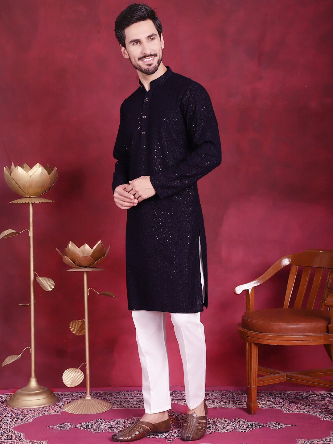 Men's Sequins Chikankari Kurta with Pyjama - Taantav