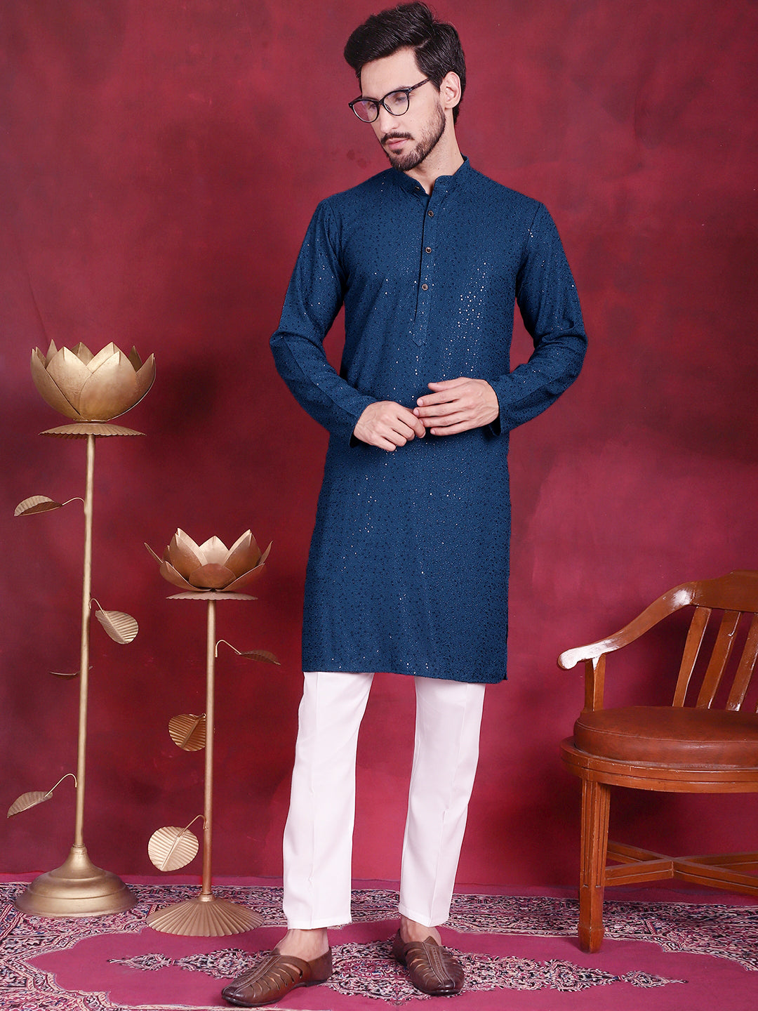 Men's Sequins Chikankari Kurta with Pyjama - Taantav