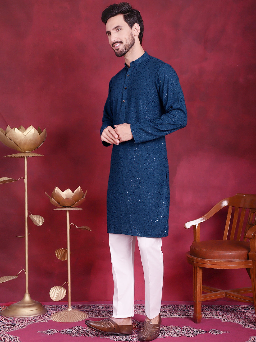 Men's Sequins Chikankari Kurta with Pyjama - Taantav