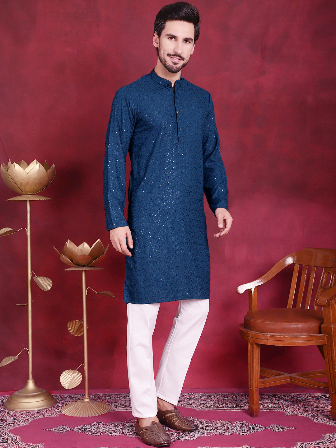 Men's Sequins Chikankari Kurta with Pyjama - Taantav