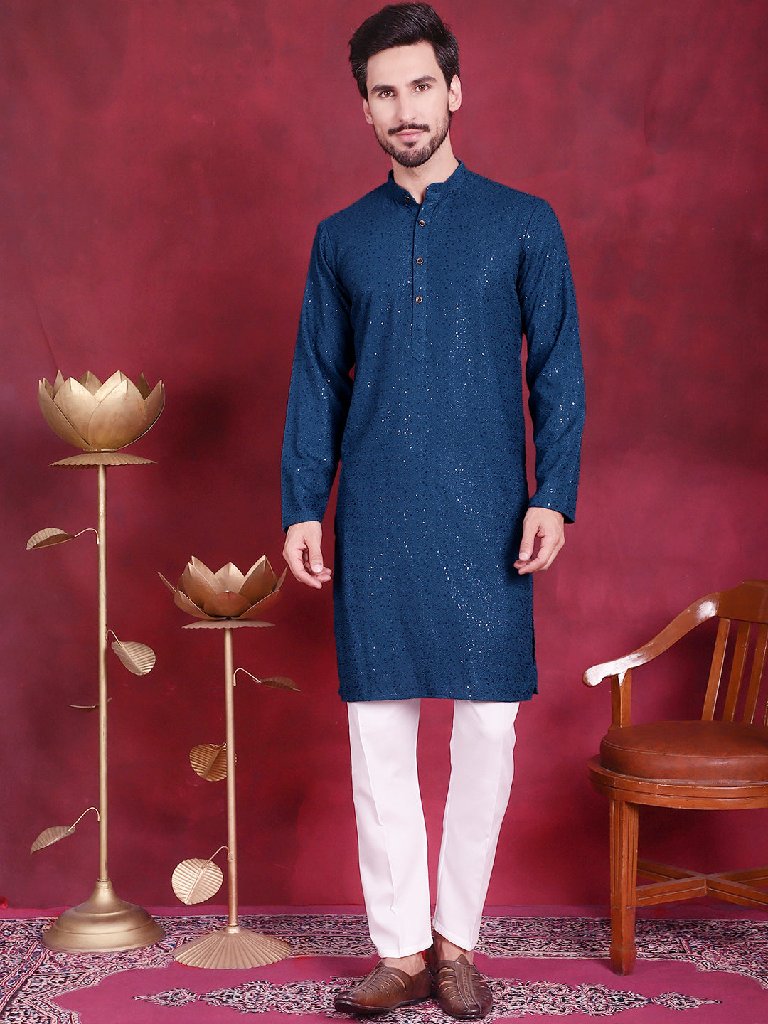 Men's Sequins Chikankari Kurta with Pyjama - Taantav