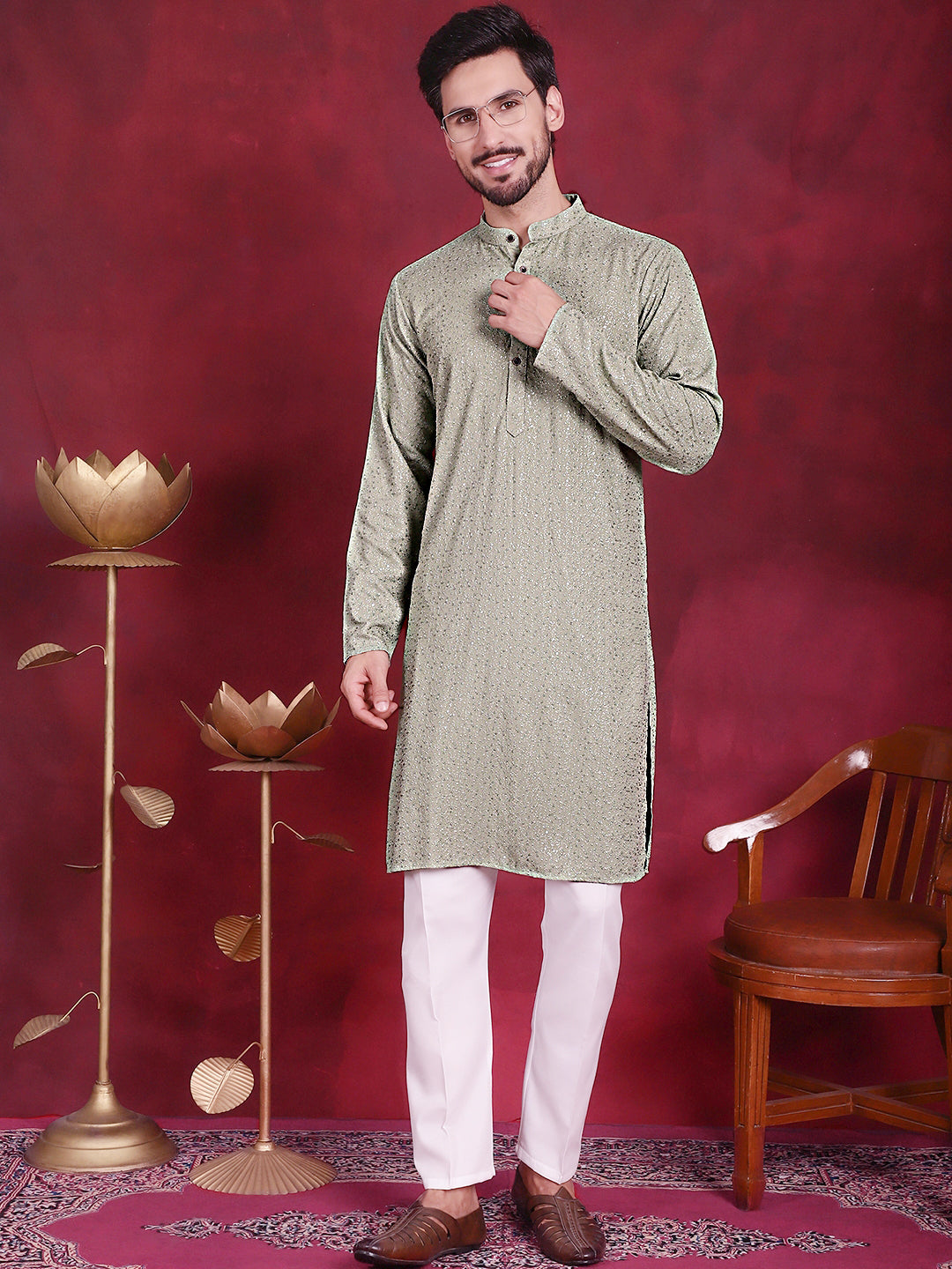 Men's Sequins Chikankari Kurta with Pyjama - Taantav