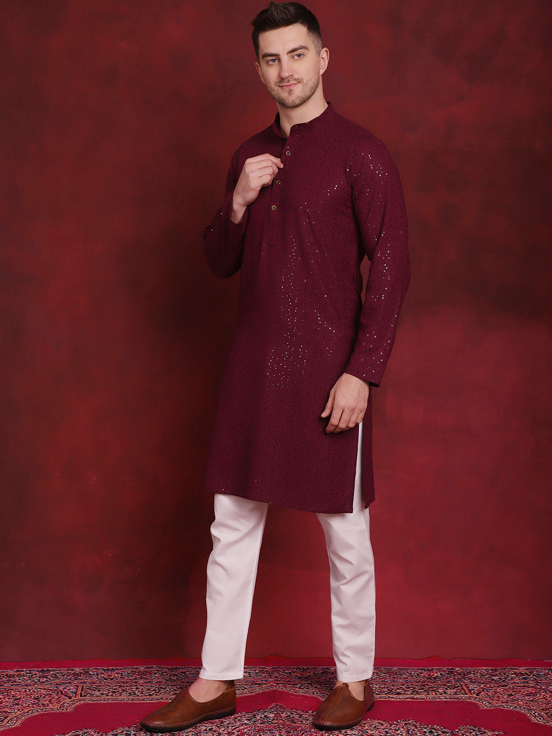 Men's Sequins Chikankari Kurta with Pyjama - Taantav