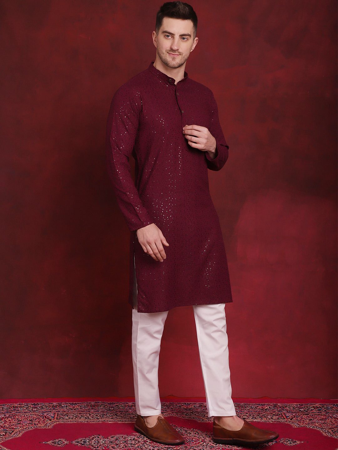 Men's Sequins Chikankari Kurta with Pyjama - Taantav