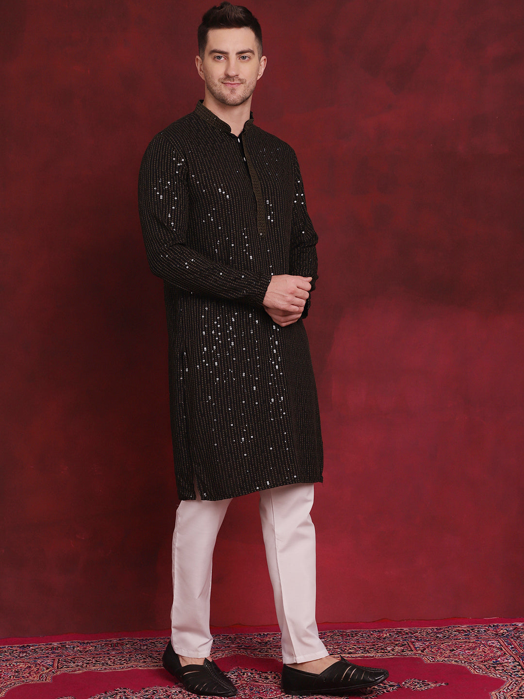 Men's Sequins Chikankari Embroidered Kurta with Pyjama - Taantav