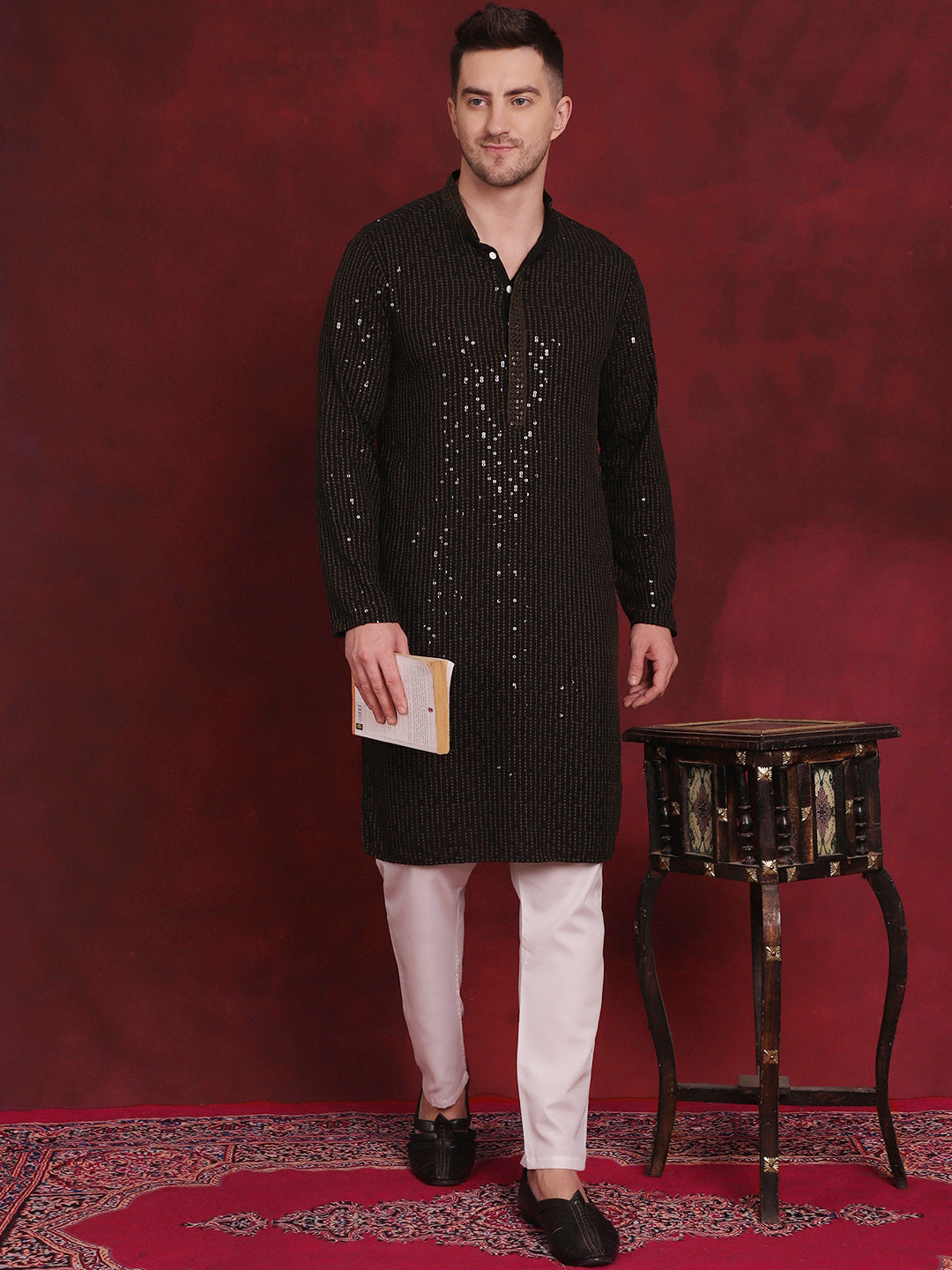 Men's Sequins Chikankari Embroidered Kurta with Pyjama - Taantav