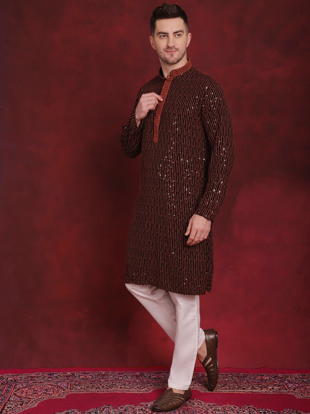 Men's Sequins Chikankari Embroidered Kurta with Pyjama - Taantav