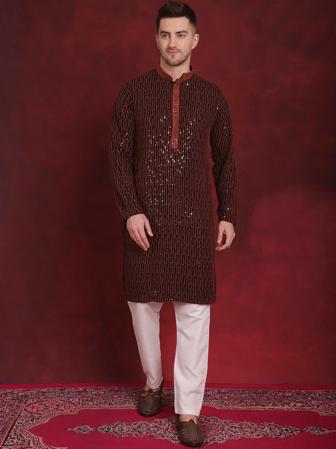 Men's Sequins Chikankari Embroidered Kurta with Pyjama - Taantav