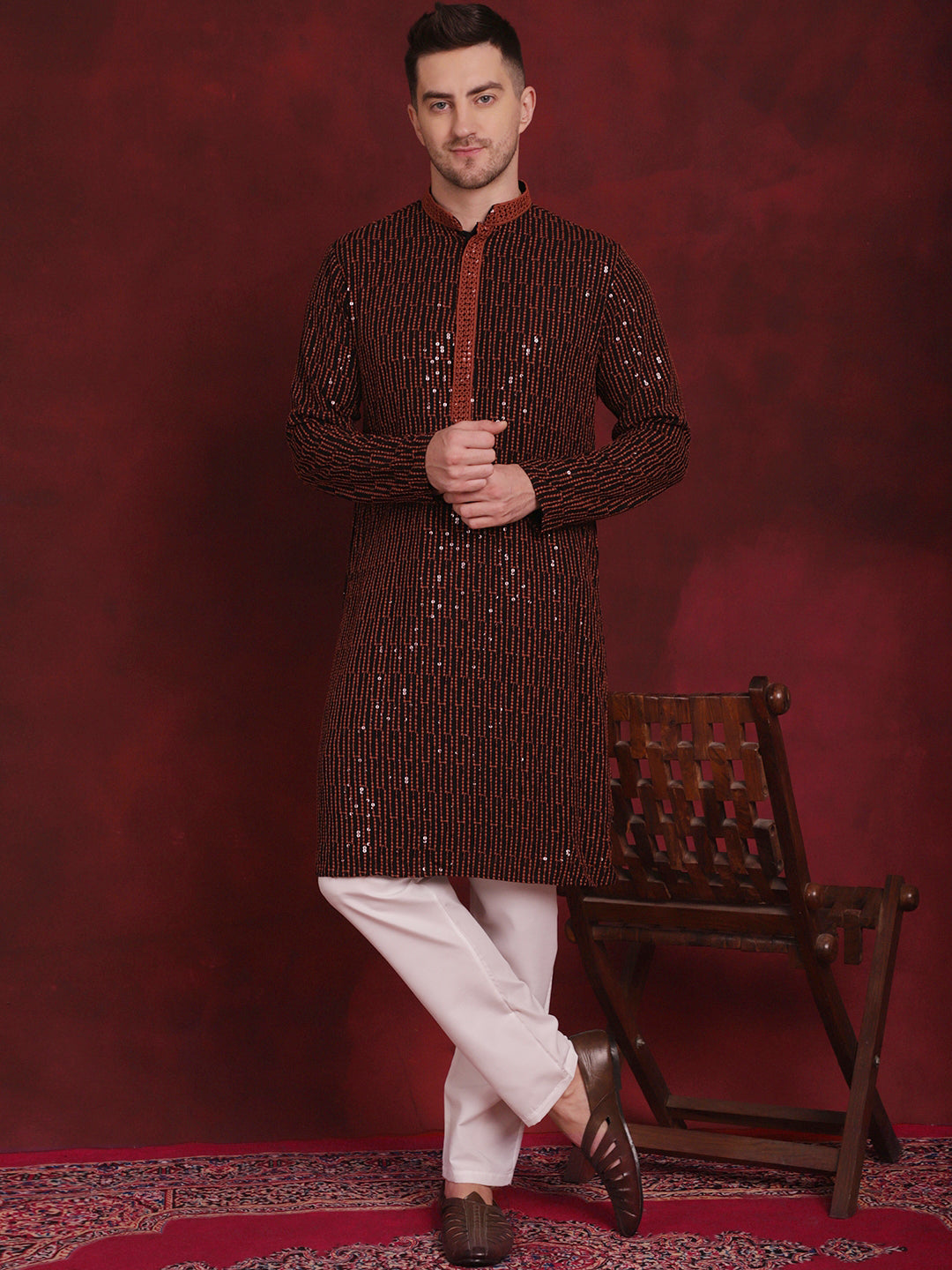 Men's Sequins Chikankari Embroidered Kurta with Pyjama - Taantav