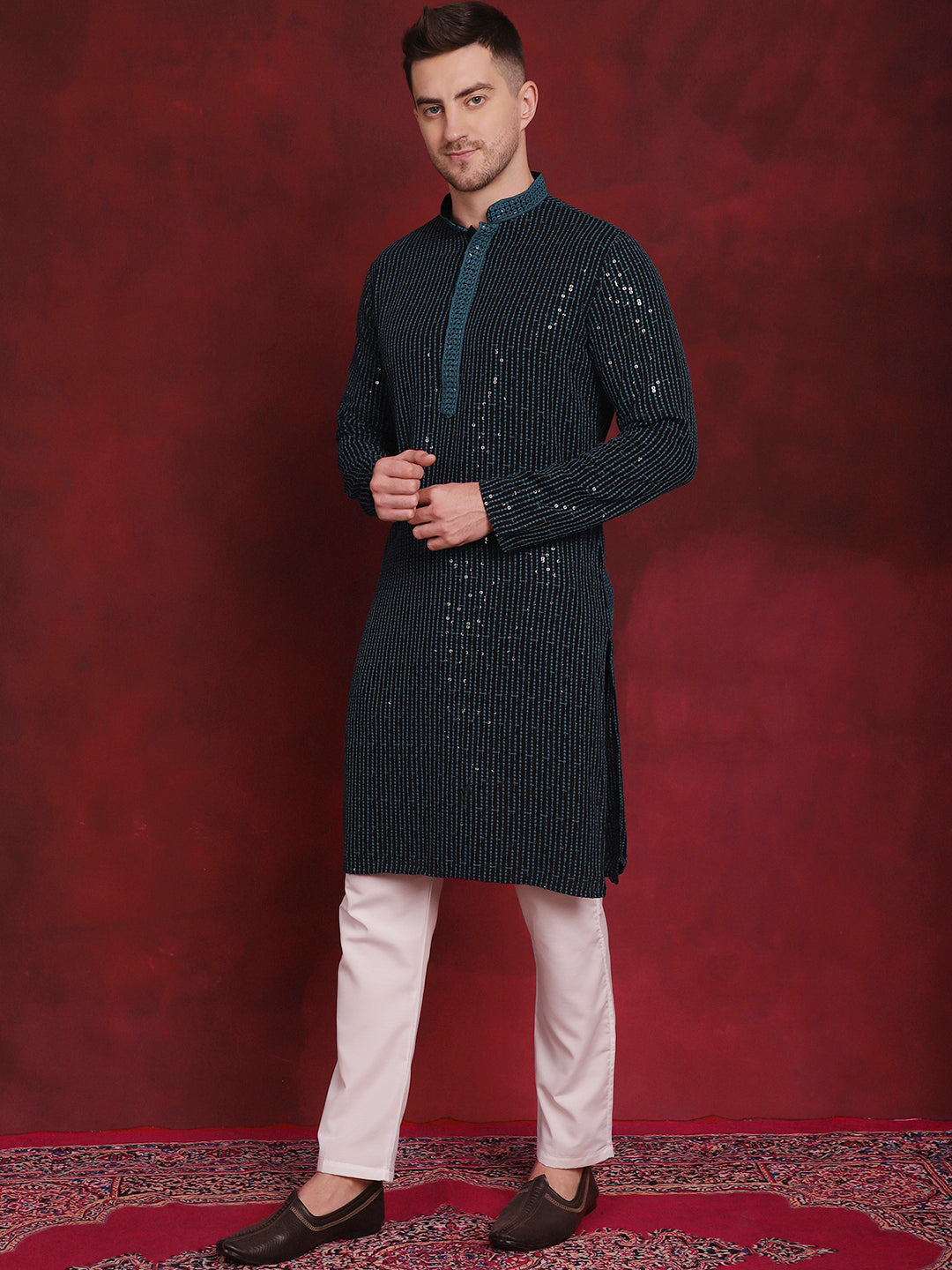 Men's Sequins Chikankari Embroidered Kurta with Pyjama - Taantav