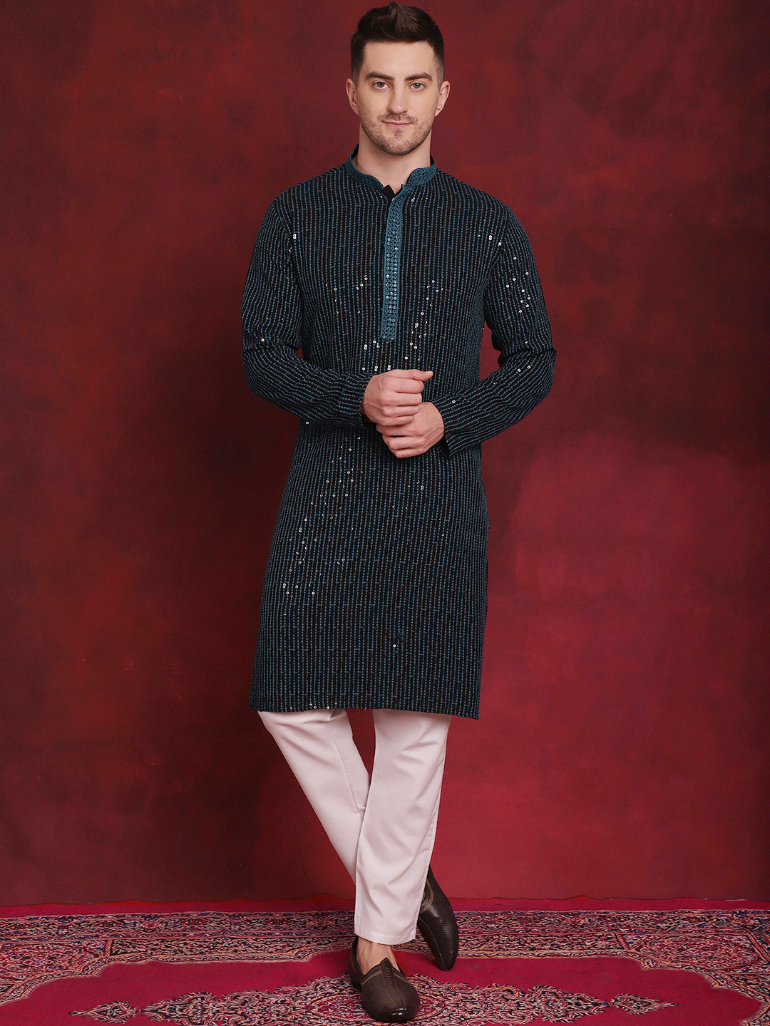 Men's Sequins Chikankari Embroidered Kurta with Pyjama - Taantav