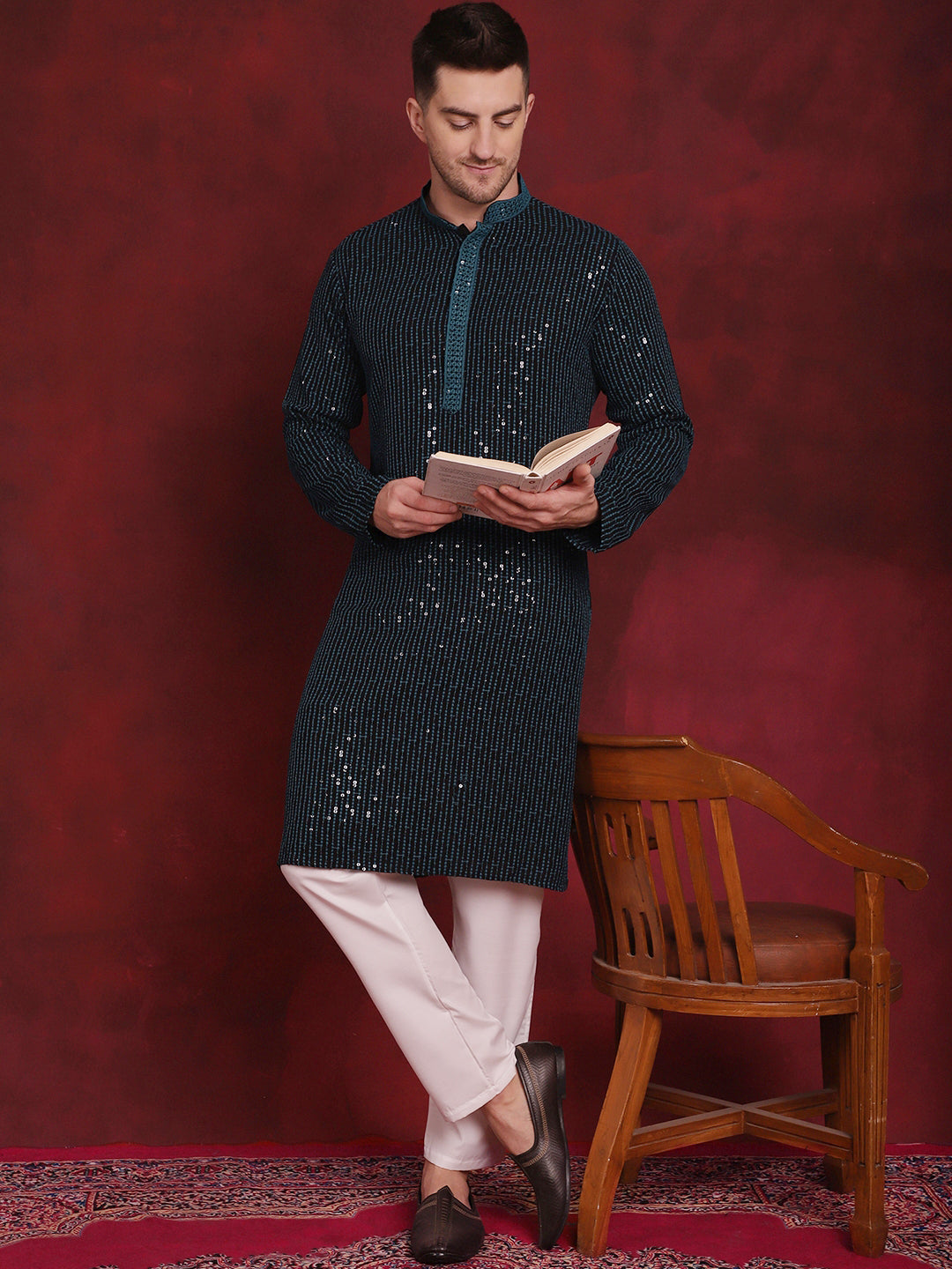 Men's Sequins Chikankari Embroidered Kurta with Pyjama - Taantav