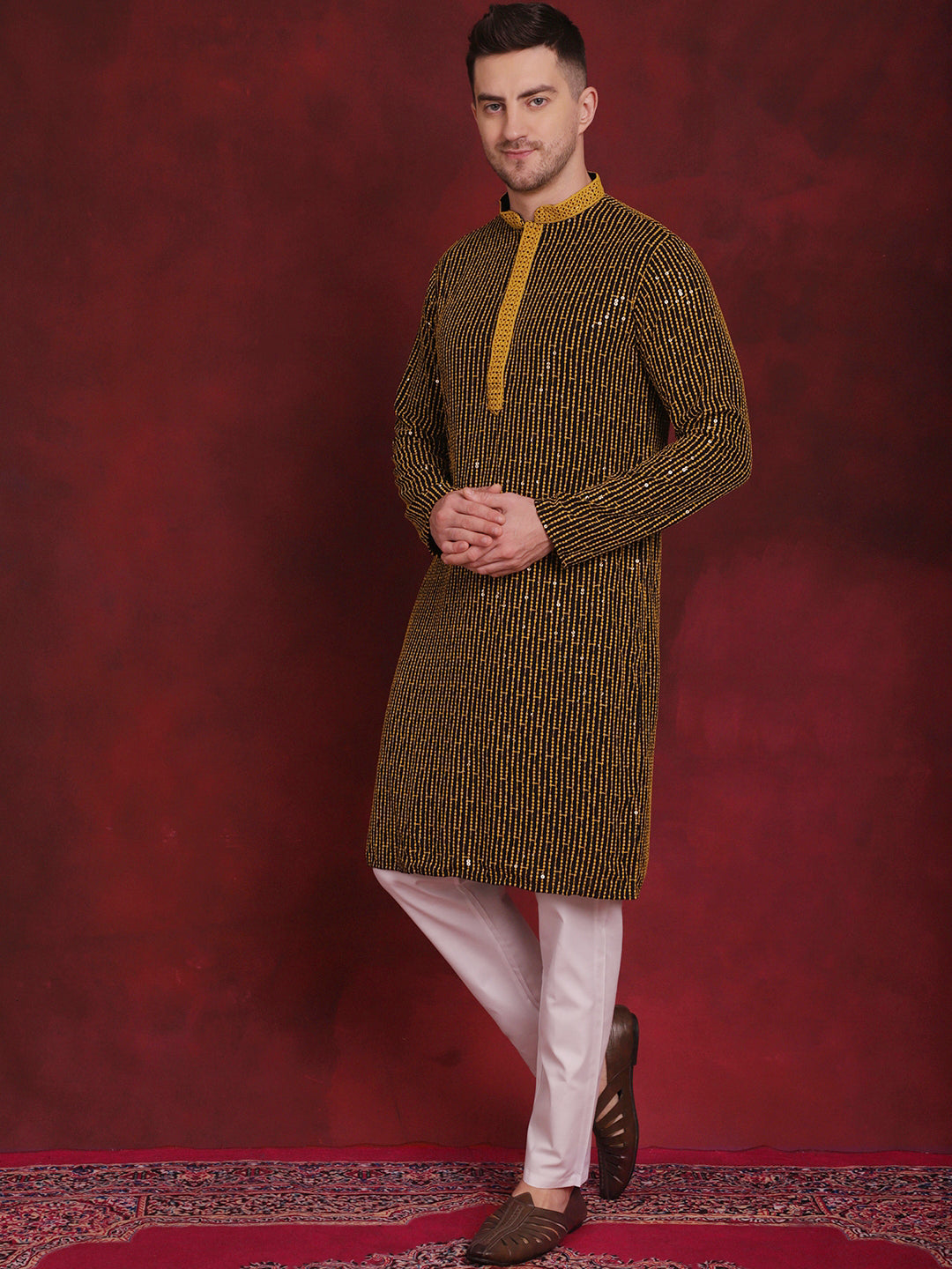 Men's Sequins Chikankari Embroidered Kurta with Pyjama - Taantav