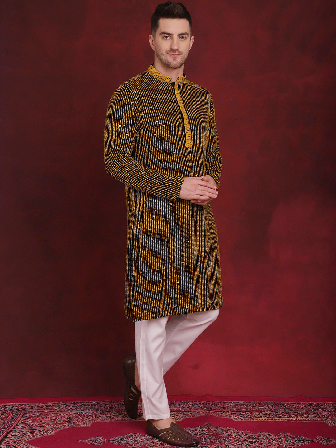 Men's Sequins Chikankari Embroidered Kurta with Pyjama - Taantav