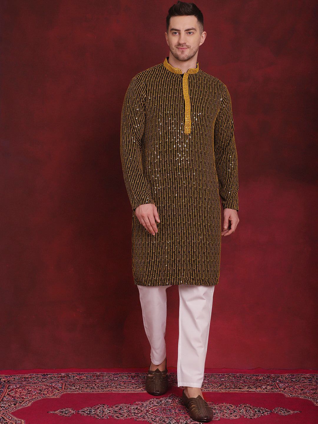 Men's Sequins Chikankari Embroidered Kurta with Pyjama - Taantav