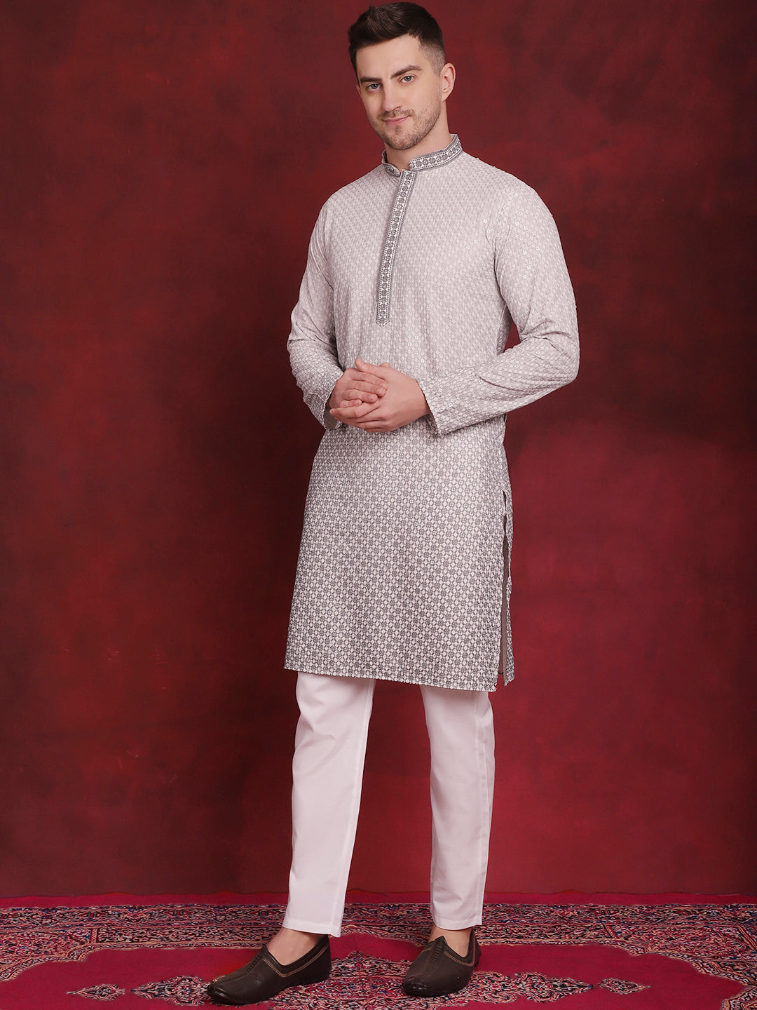 Men's Sequins Embroidered Kurta with Pyjama - Taantav