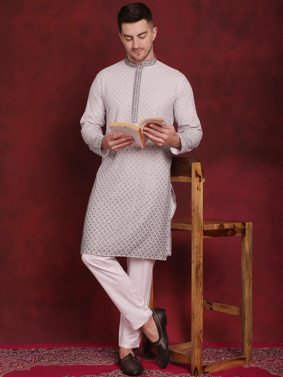 Men's Sequins Embroidered Kurta with Pyjama - Taantav