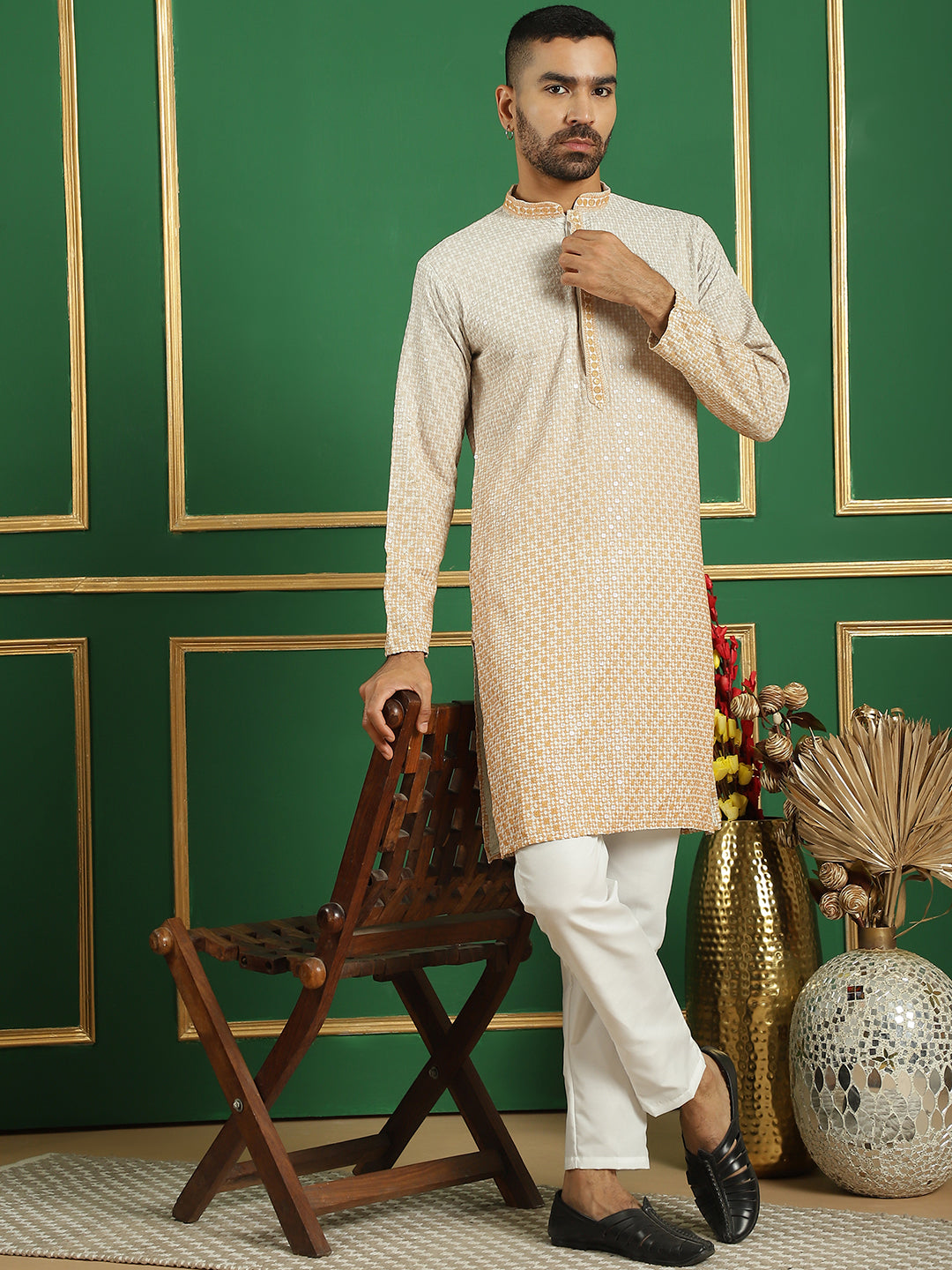 Men's Sequins Embroidered Kurta with Pyjama - Taantav