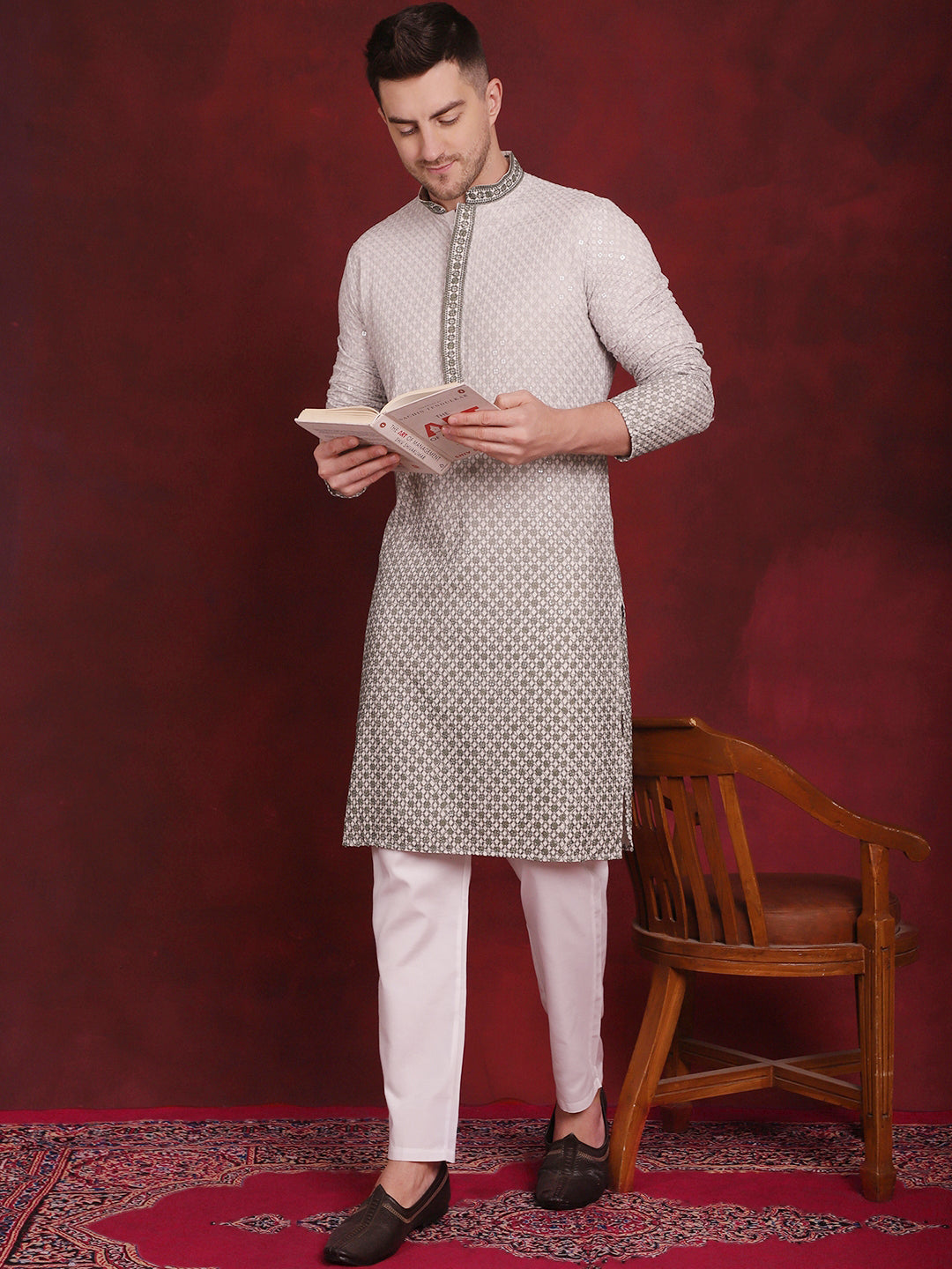 Men's Sequins Embroidered Kurta with Pyjama - Taantav