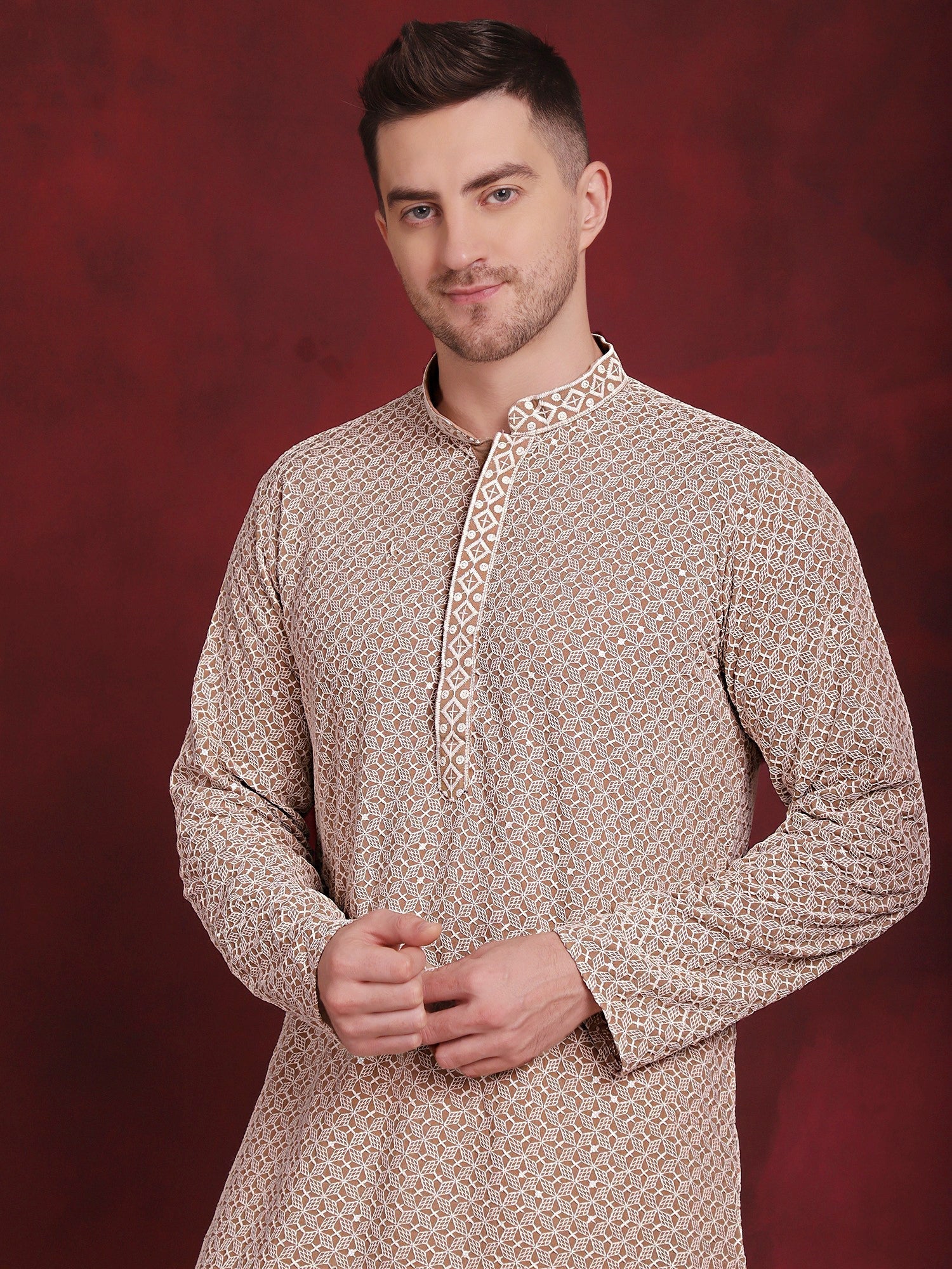 Men's Sequin Embroidered Pure Cotton Kurta with Pyjamas - Taantav