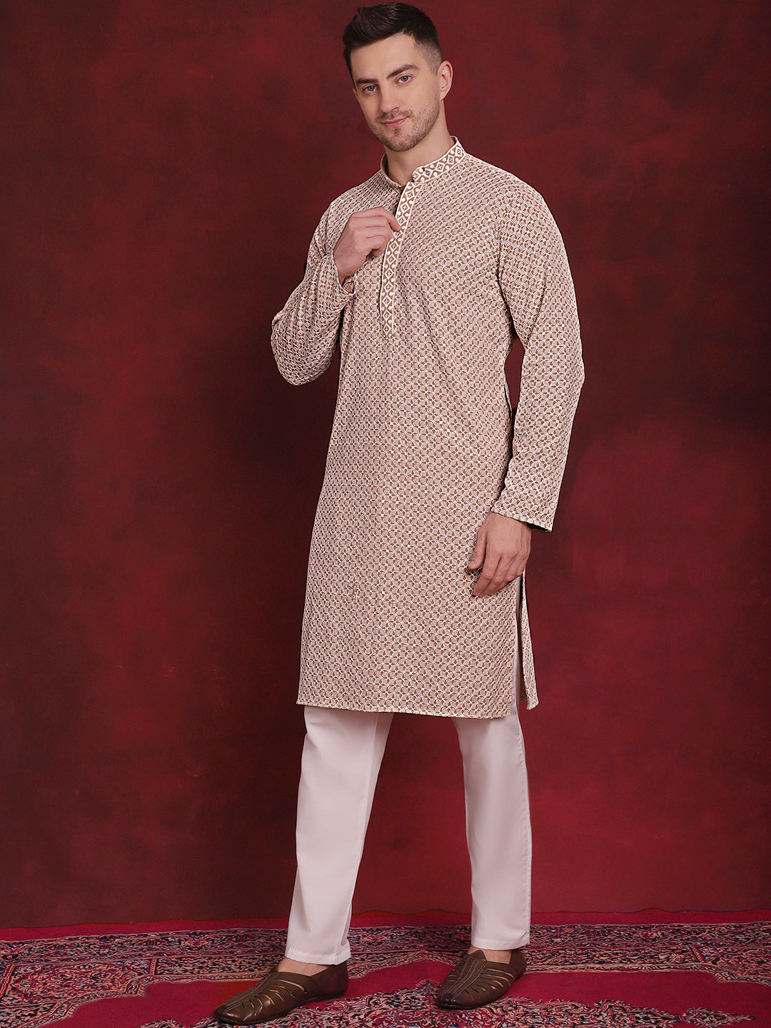 Men's Sequin Embroidered Pure Cotton Kurta with Pyjamas - Taantav