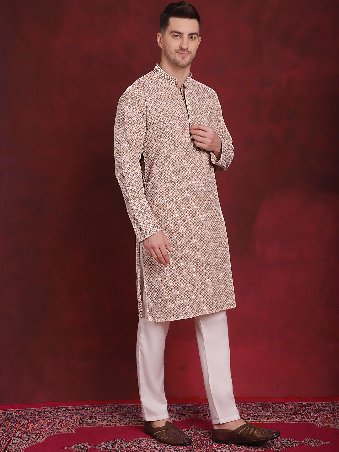 Men's Sequin Embroidered Pure Cotton Kurta with Pyjamas - Taantav