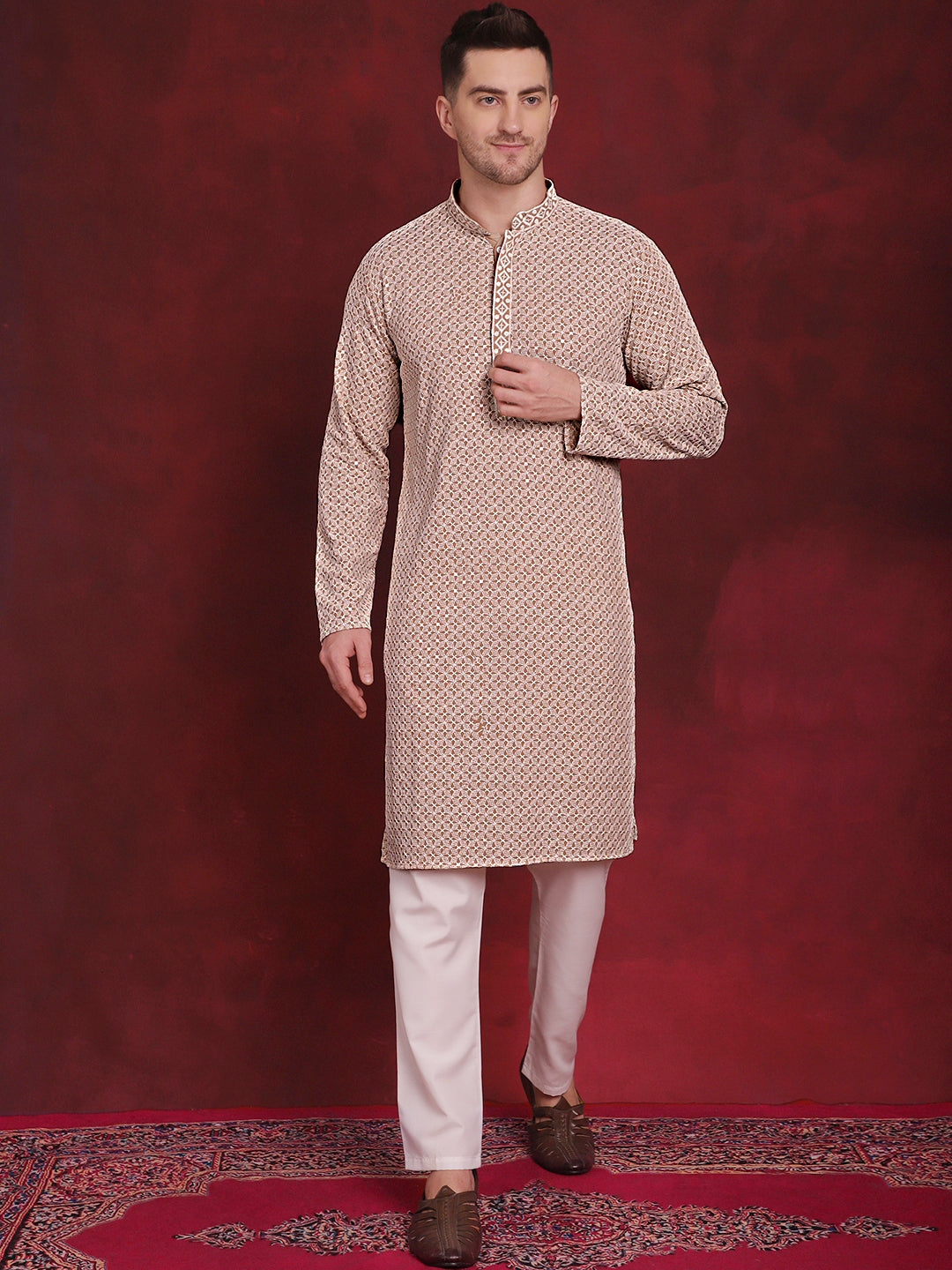 Men's Sequin Embroidered Pure Cotton Kurta with Pyjamas - Taantav