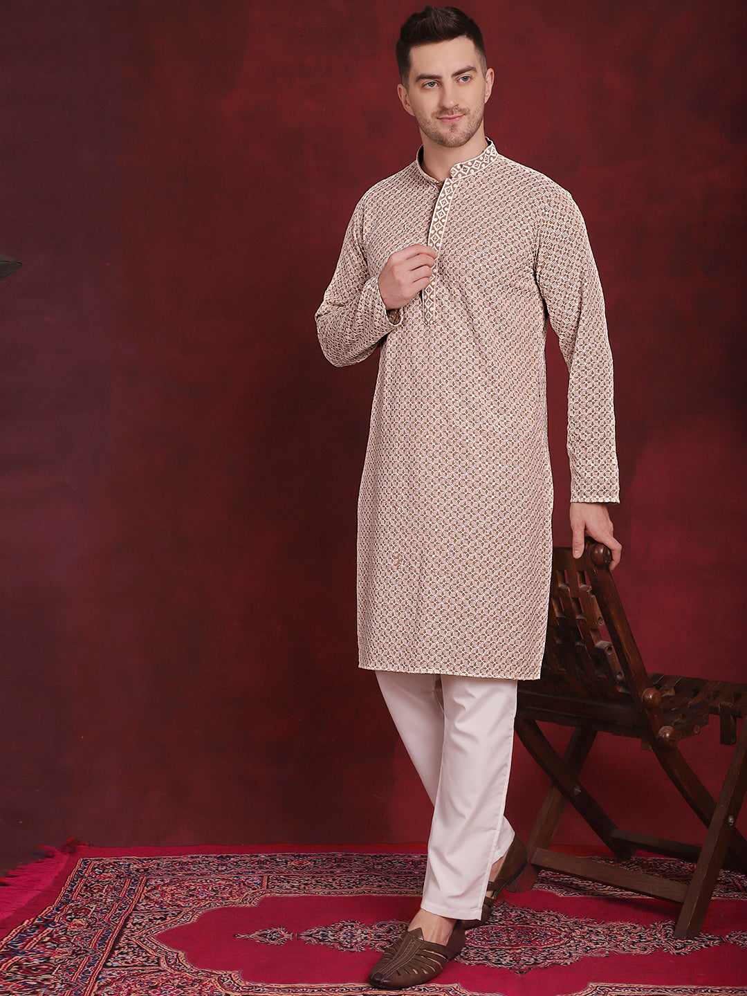 Men's Sequin Embroidered Pure Cotton Kurta with Pyjamas - Taantav