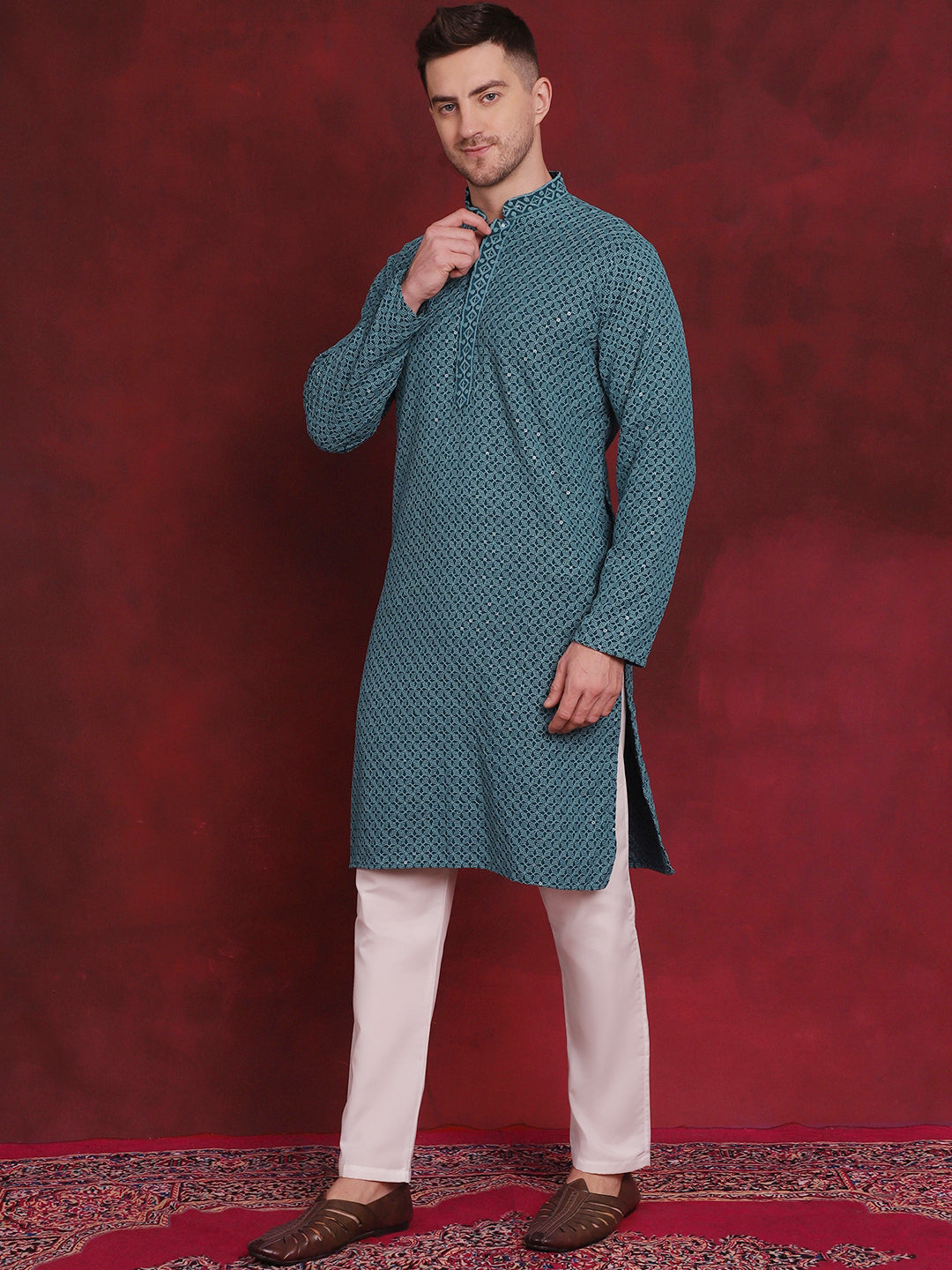 Men's Sequin Embroidered Pure Cotton Kurta with Pyjamas - Taantav