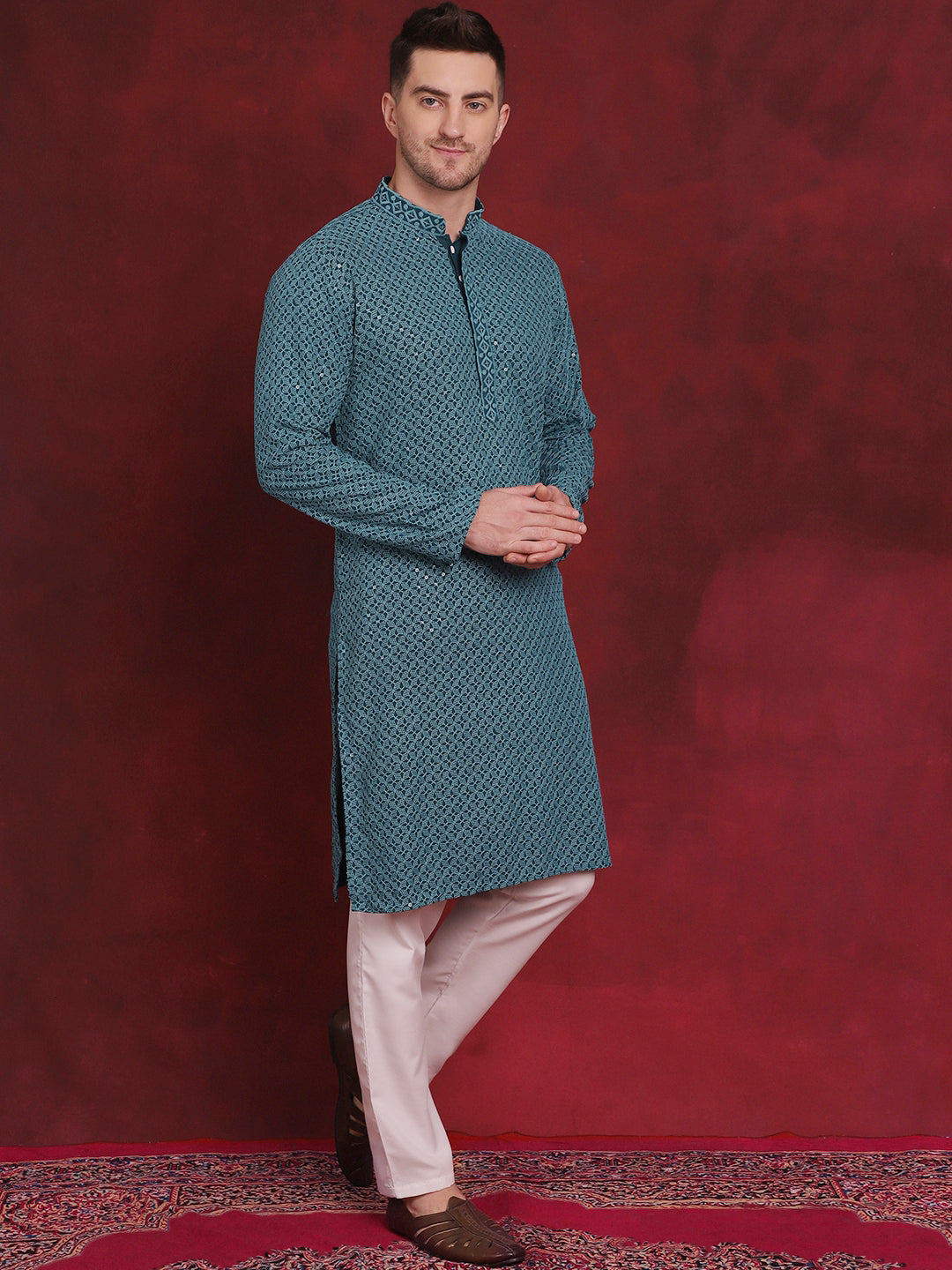 Men's Sequin Embroidered Pure Cotton Kurta with Pyjamas - Taantav