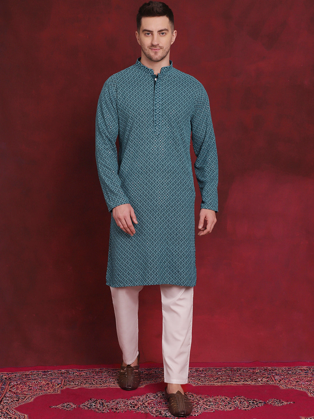 Men's Sequin Embroidered Pure Cotton Kurta with Pyjamas - Taantav