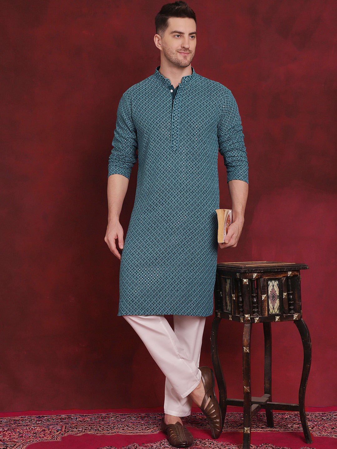 Men's Sequin Embroidered Pure Cotton Kurta with Pyjamas - Taantav