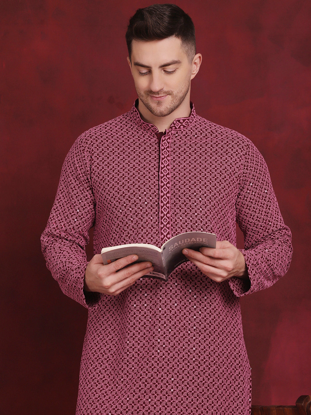 Men's Sequin Embroidered Pure Cotton Kurta with Pyjamas - Taantav