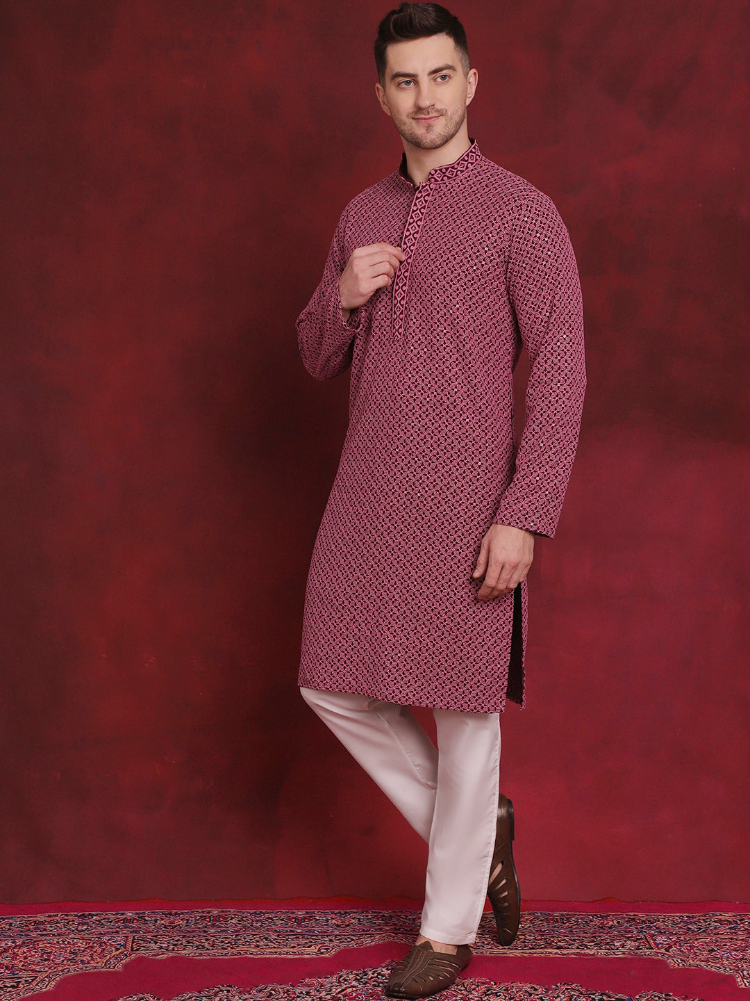 Men's Sequin Embroidered Pure Cotton Kurta with Pyjamas - Taantav