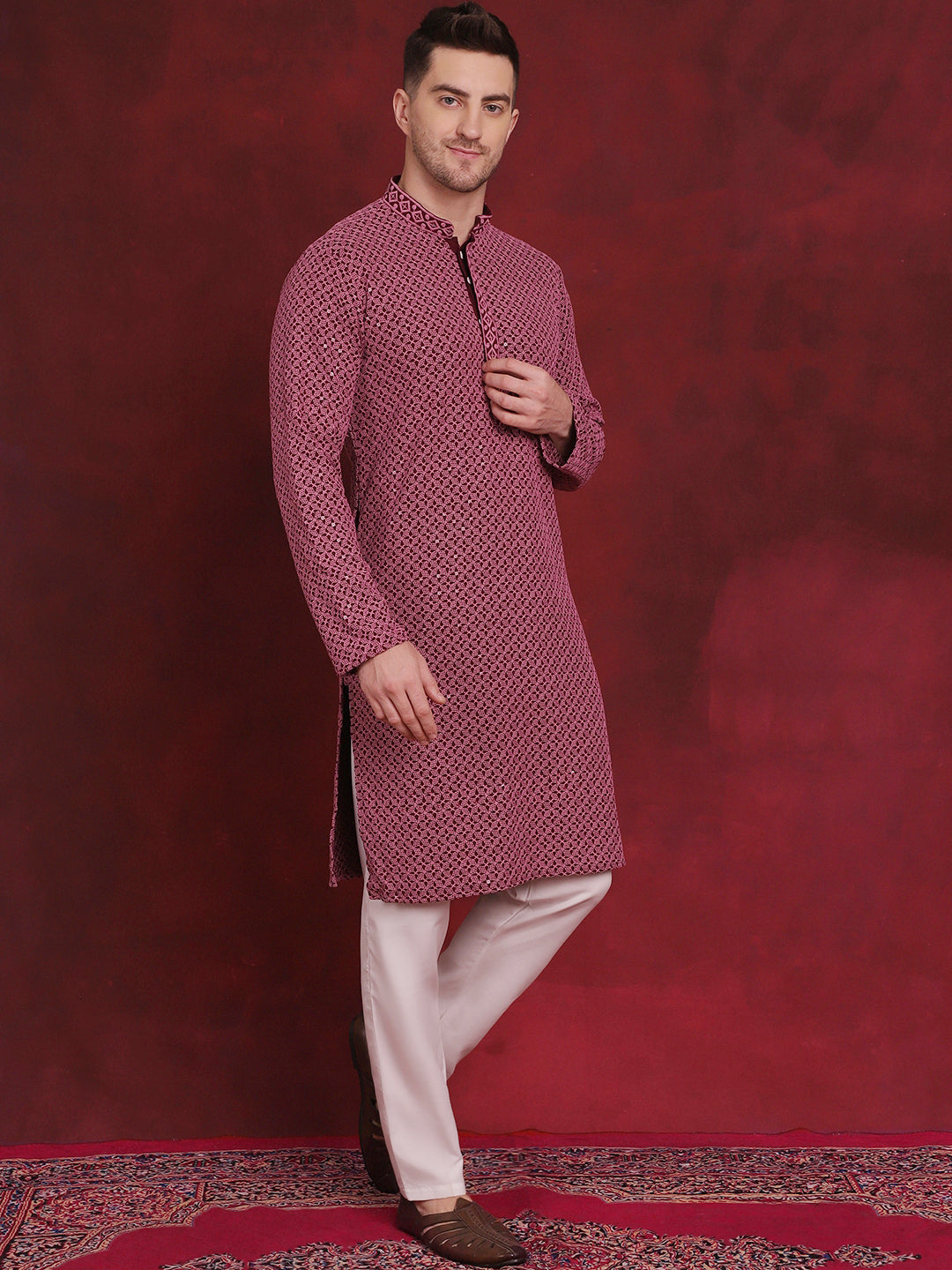 Men's Sequin Embroidered Pure Cotton Kurta with Pyjamas - Taantav