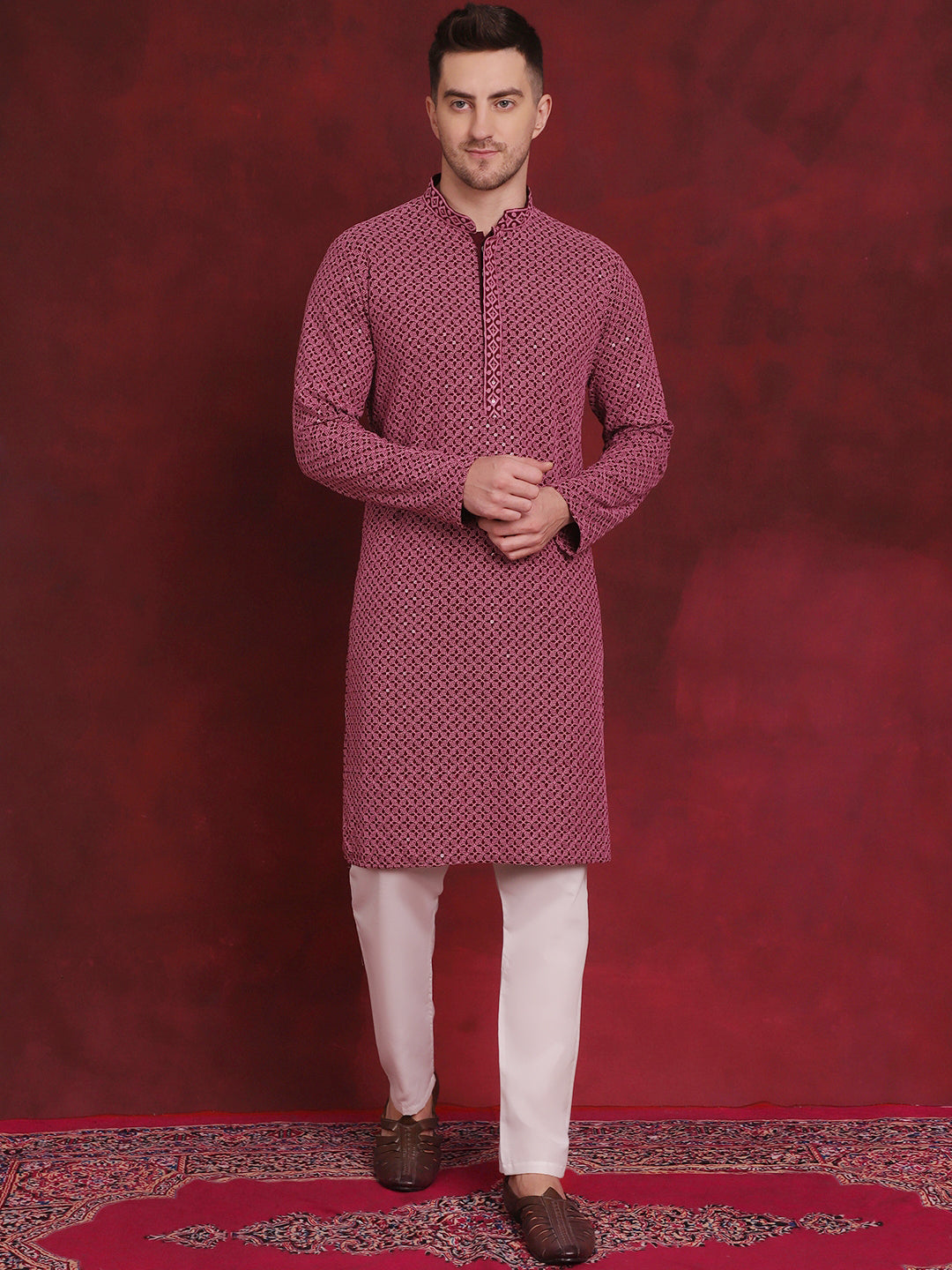 Men's Sequin Embroidered Pure Cotton Kurta with Pyjamas - Taantav