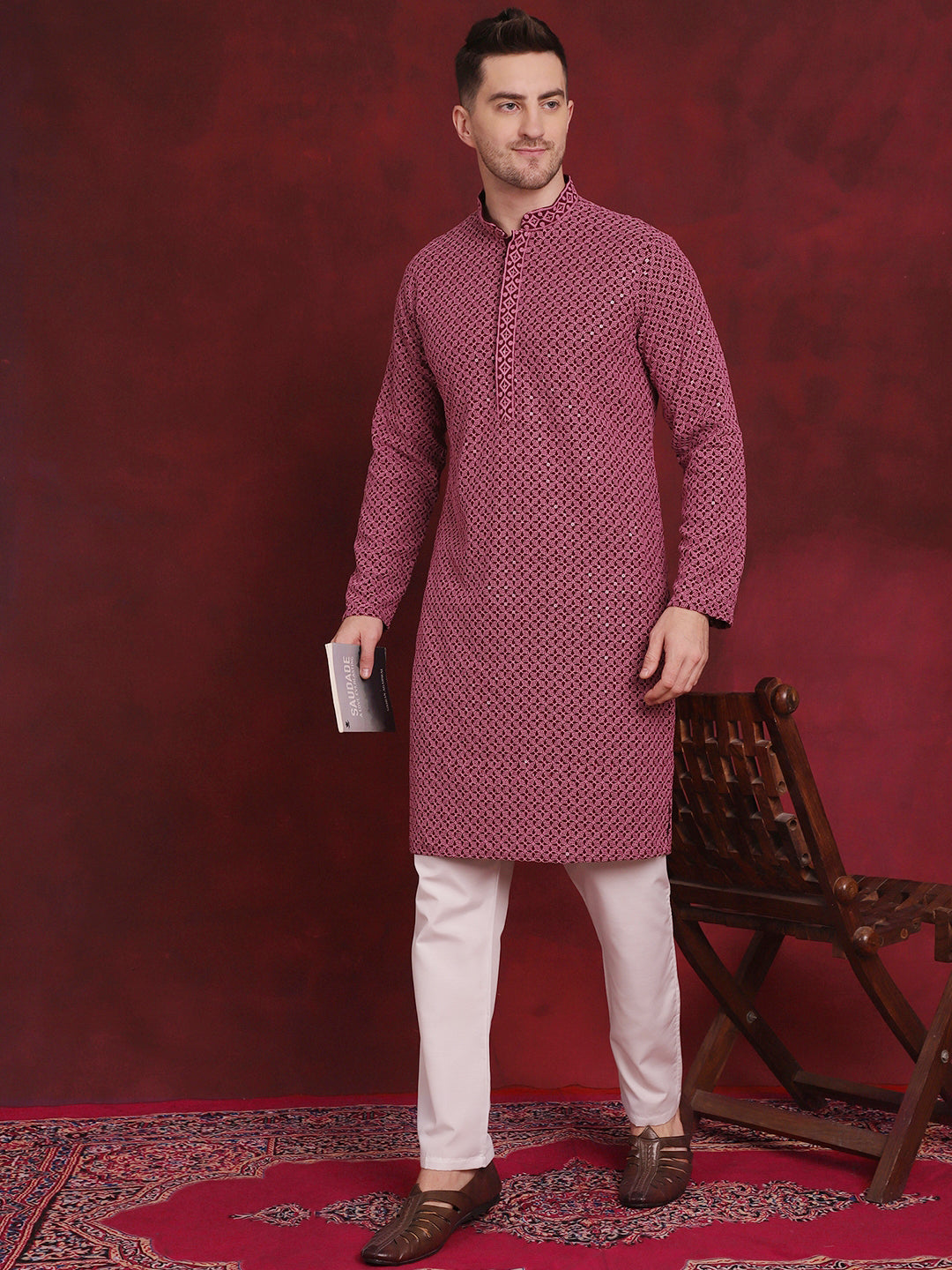 Men's Sequin Embroidered Pure Cotton Kurta with Pyjamas - Taantav