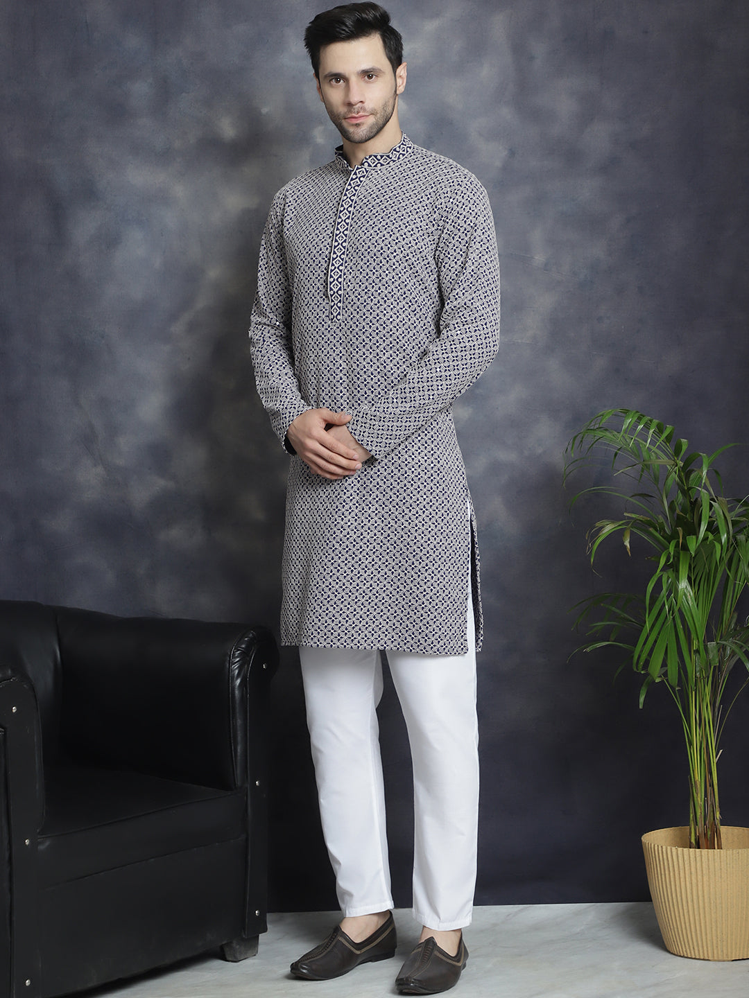 Men's Sequin Embroidered Pure Cotton Kurta with Pyjamas - Taantav