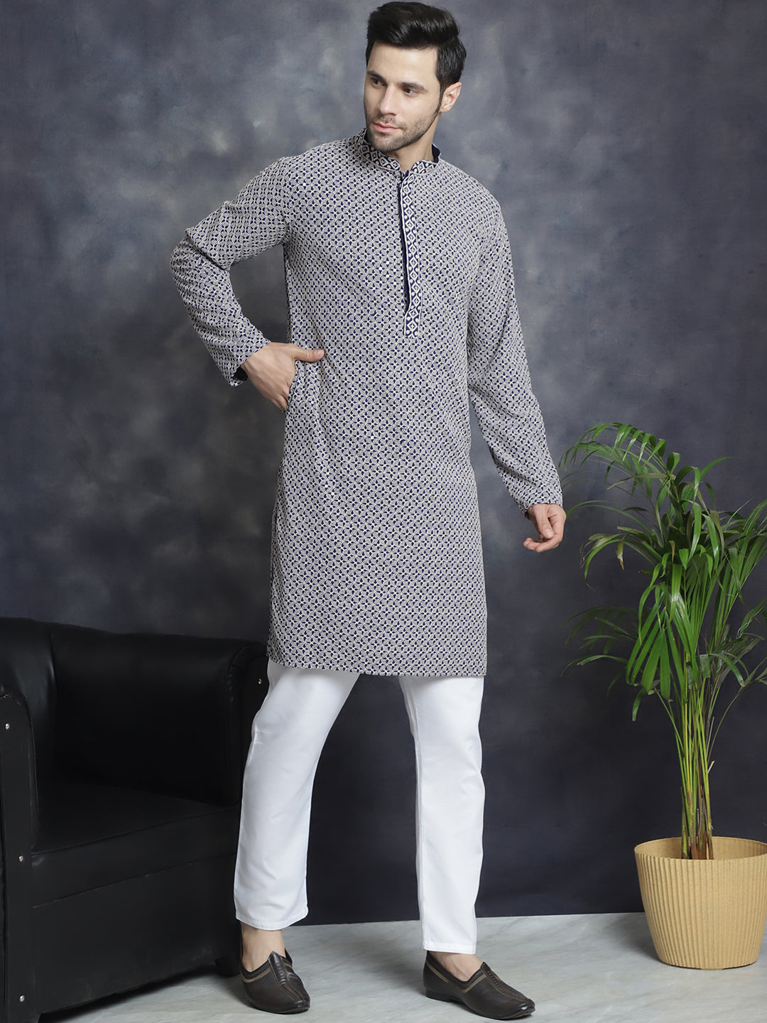 Men's Sequin Embroidered Pure Cotton Kurta with Pyjamas - Taantav