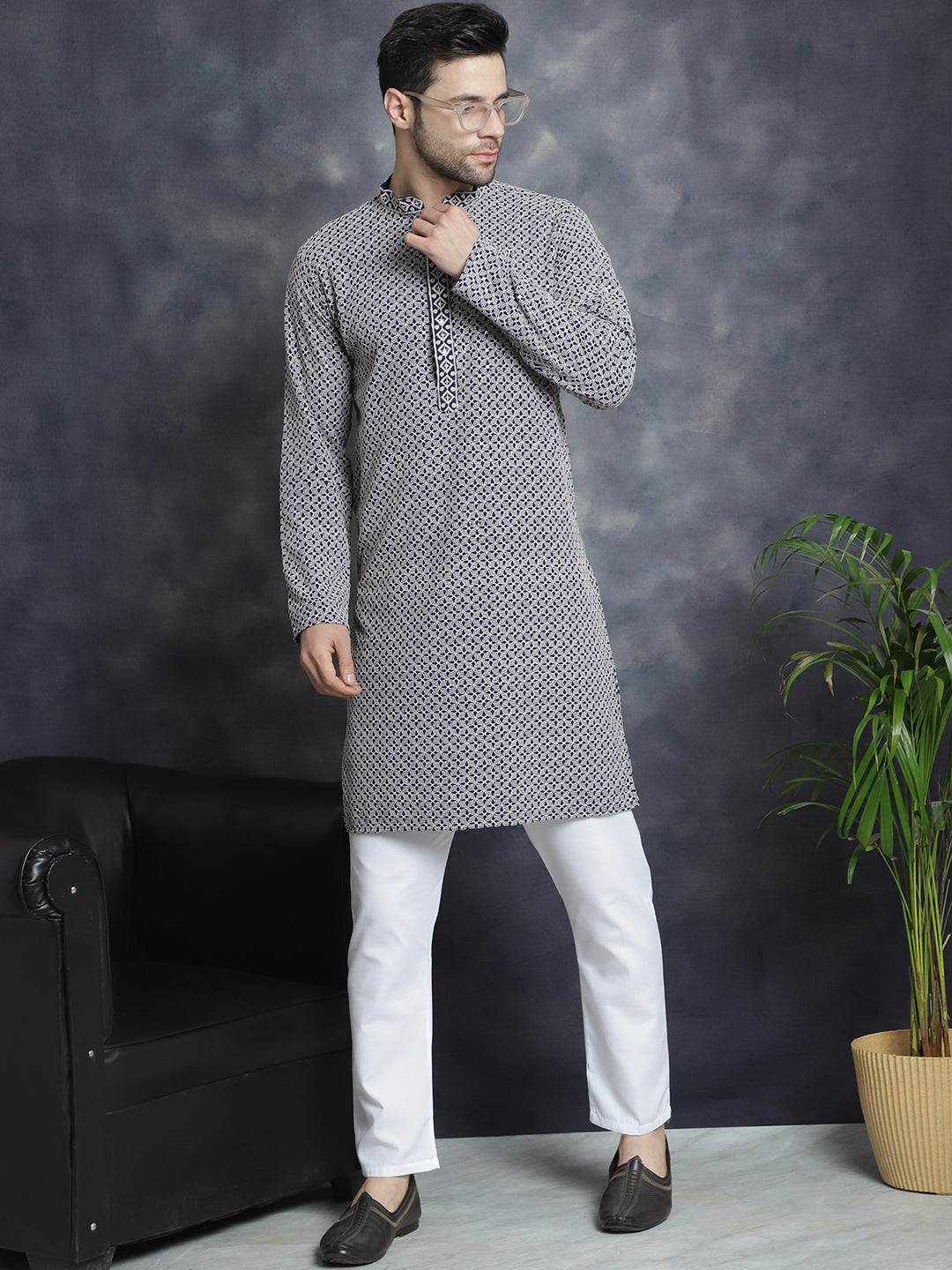 Men's Sequin Embroidered Pure Cotton Kurta with Pyjamas - Taantav