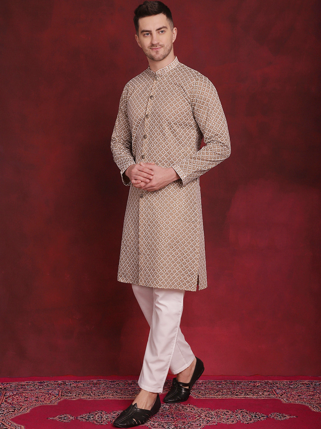 Men's Sequin Chikankari Front Open Kurta With Pyjamas - Taantav