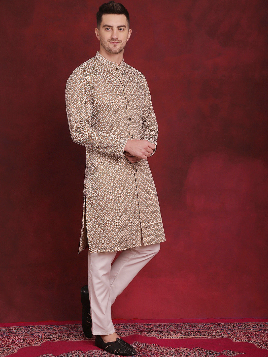 Men's Sequin Chikankari Front Open Kurta With Pyjamas - Taantav