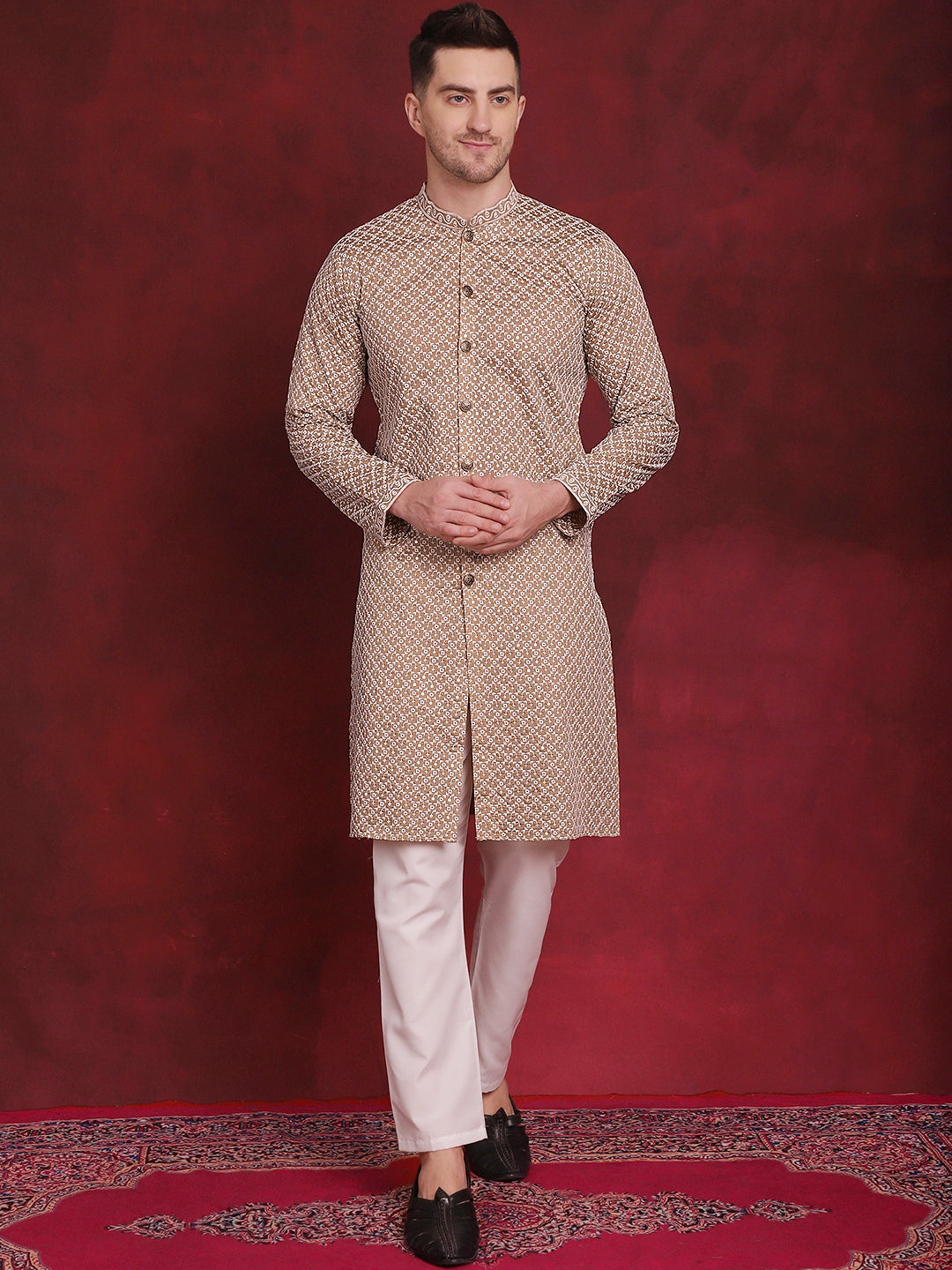 Men's Sequin Chikankari Front Open Kurta With Pyjamas - Taantav