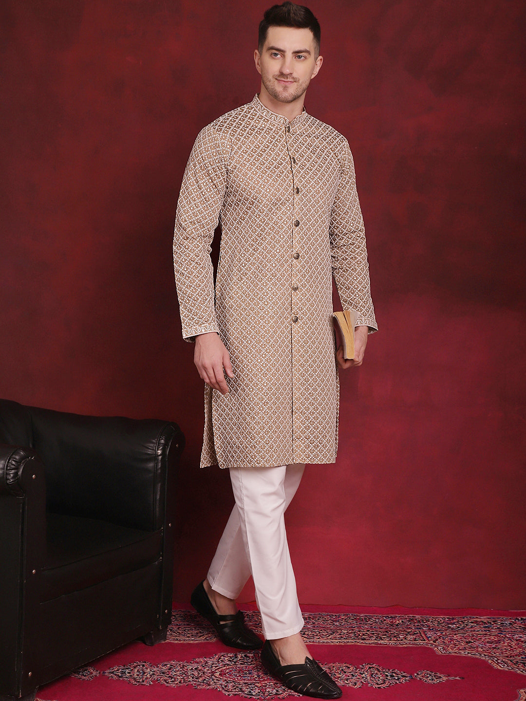 Men's Sequin Chikankari Front Open Kurta With Pyjamas - Taantav