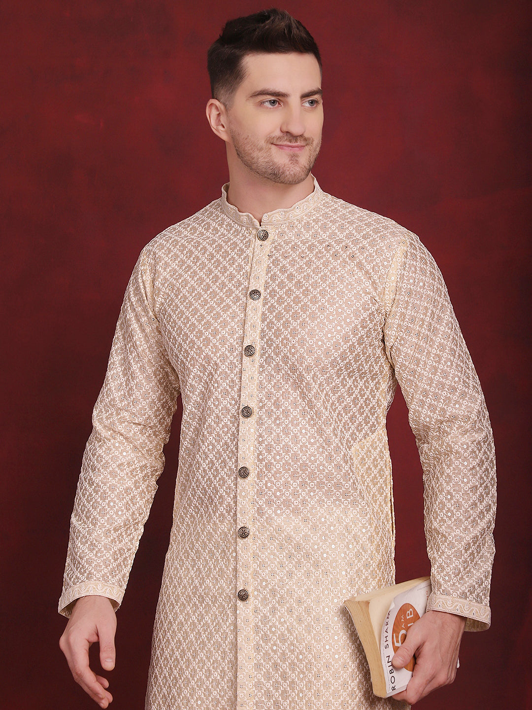 Men's Sequin Chikankari Front Open Kurta With Pyjamas - Taantav