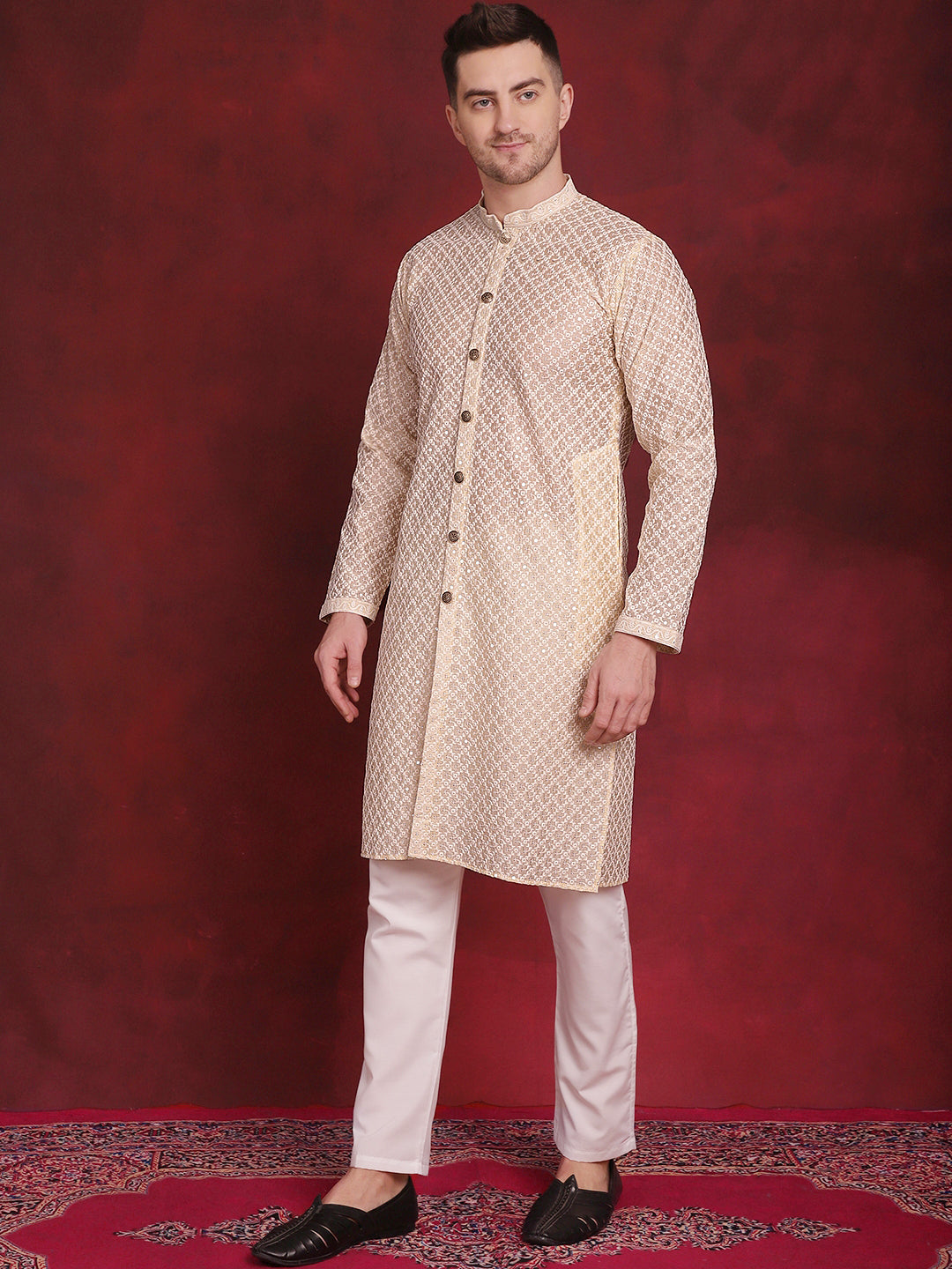 Men's Sequin Chikankari Front Open Kurta With Pyjamas - Taantav