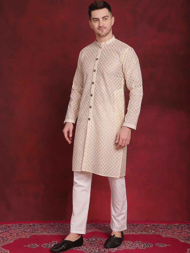Men's Sequin Chikankari Front Open Kurta With Pyjamas