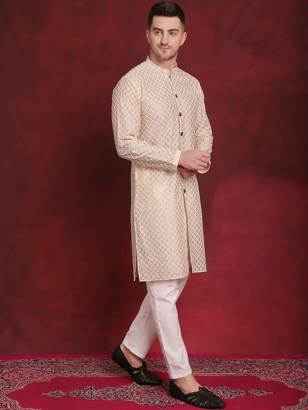 Men's Sequin Chikankari Front Open Kurta With Pyjamas - Taantav